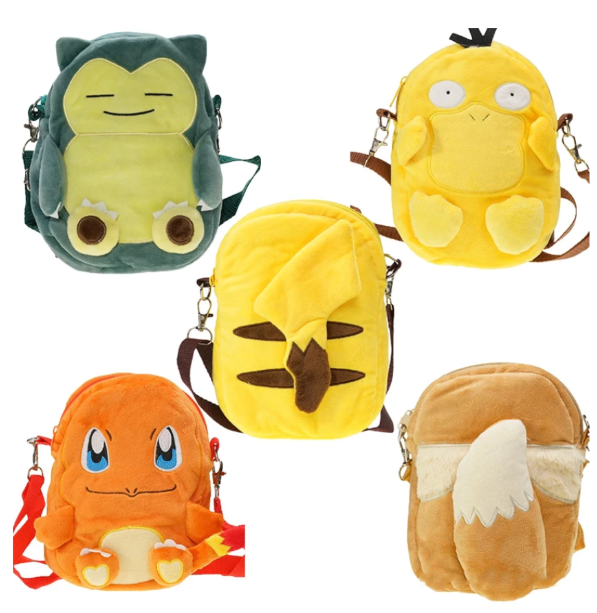 Fünf Plüschtaschen in Form von Pokémon-Charakteren: Relaxo, Enton, Pikachu, Glumanda und ein fuchsartiges Wesen, alle mit Riemen.