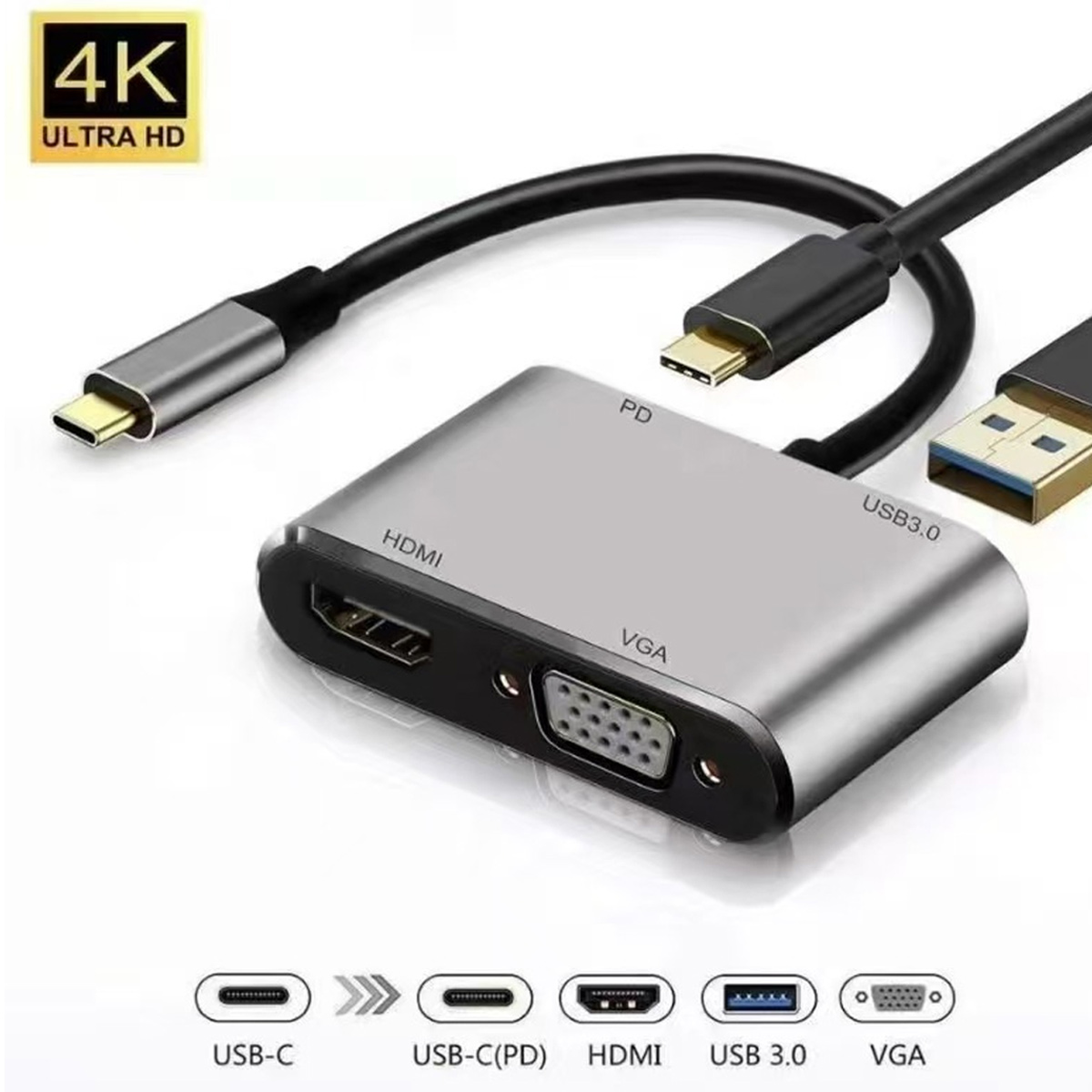 Ein silberner USB-Hub mit HDMI-, VGA-, USB 3.0- und USB-C-Anschlüssen. Kabel sind angeschlossen. Ein '4K Ultra HD'-Logo links oben.