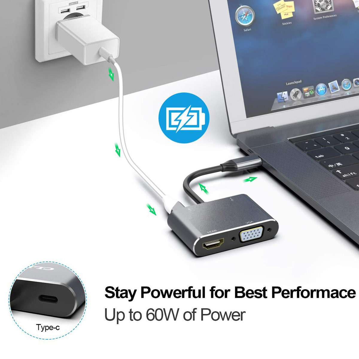 Laptop mit Ladegerät und Adapter verbunden. Eine Steckdose, ein USB-C-Anschluss und ein blaues Stromsymbol sind sichtbar.