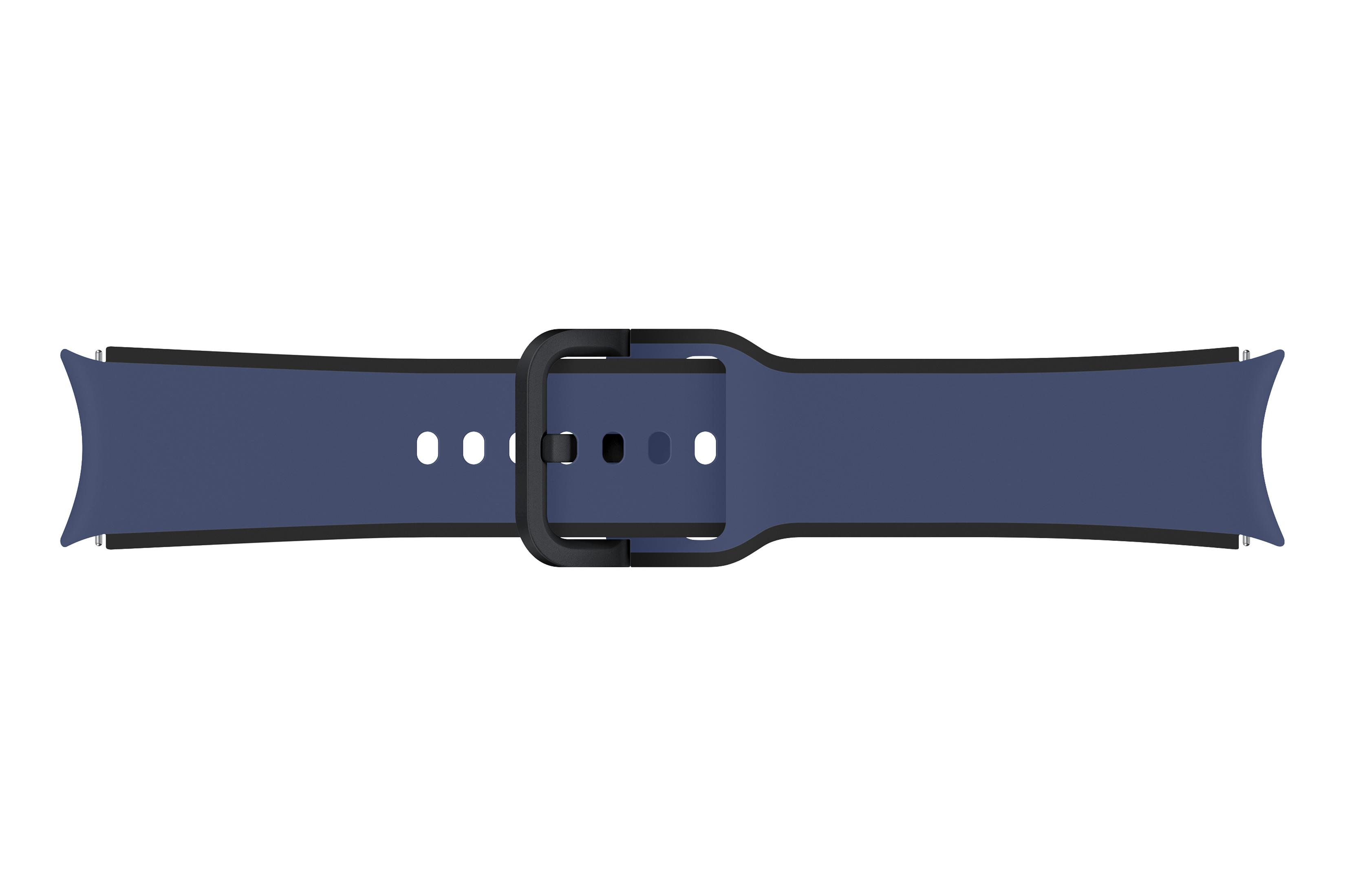Un cinturino blu con fibbia nera. Il cinturino ha un bordo nero. Lo sfondo è bianco.