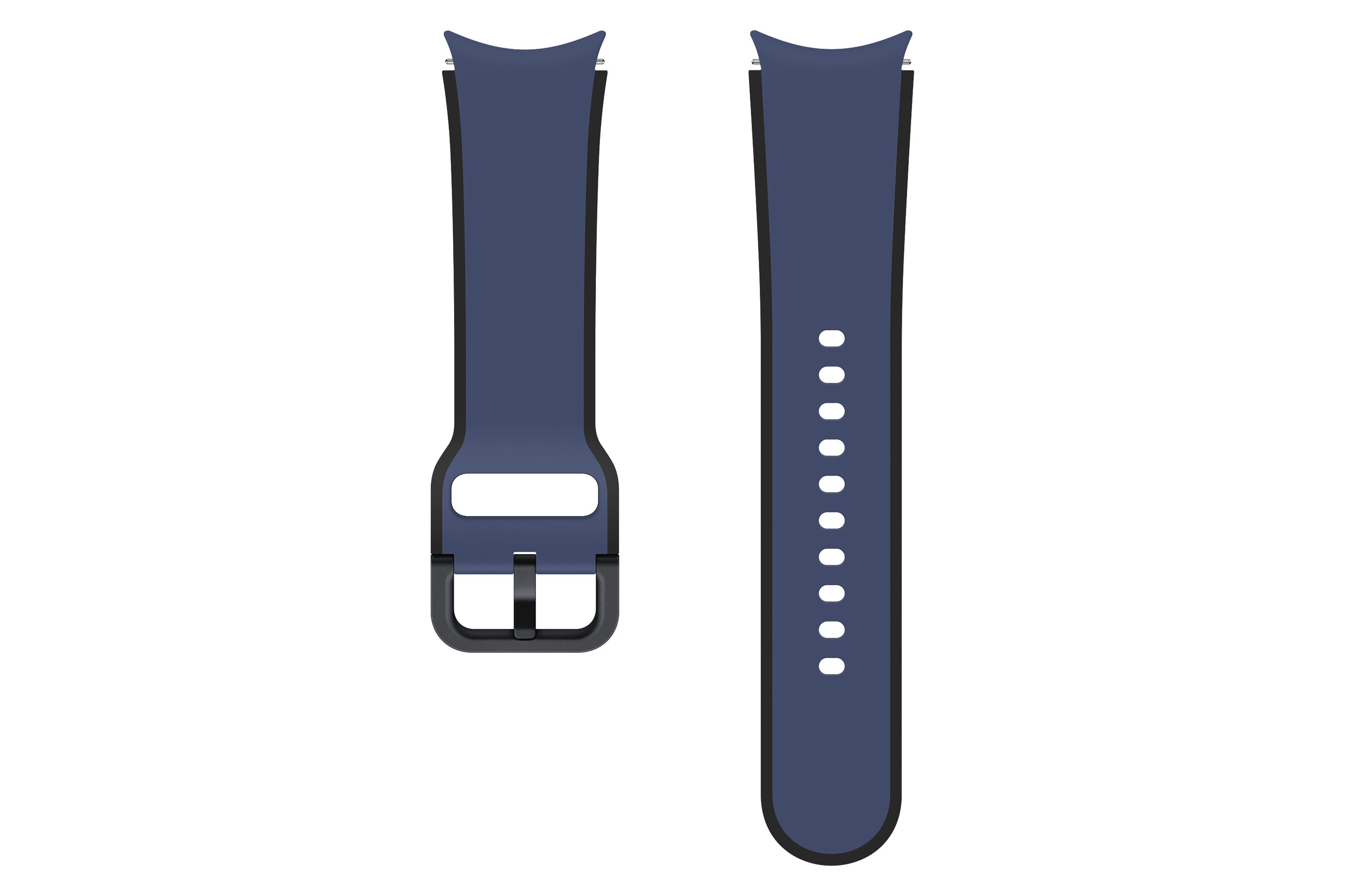 Due cinturini blu navy con bordi neri sono esposti su sfondo bianco. Uno ha una fibbia, l'altro dei fori.