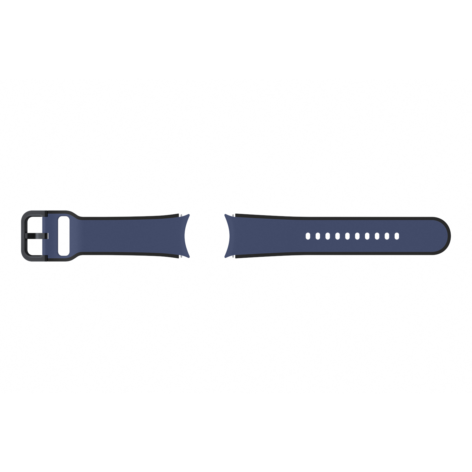 Un cinturino blu navy staccato con fibbia nera e una serie di fori su un lato, su sfondo bianco.