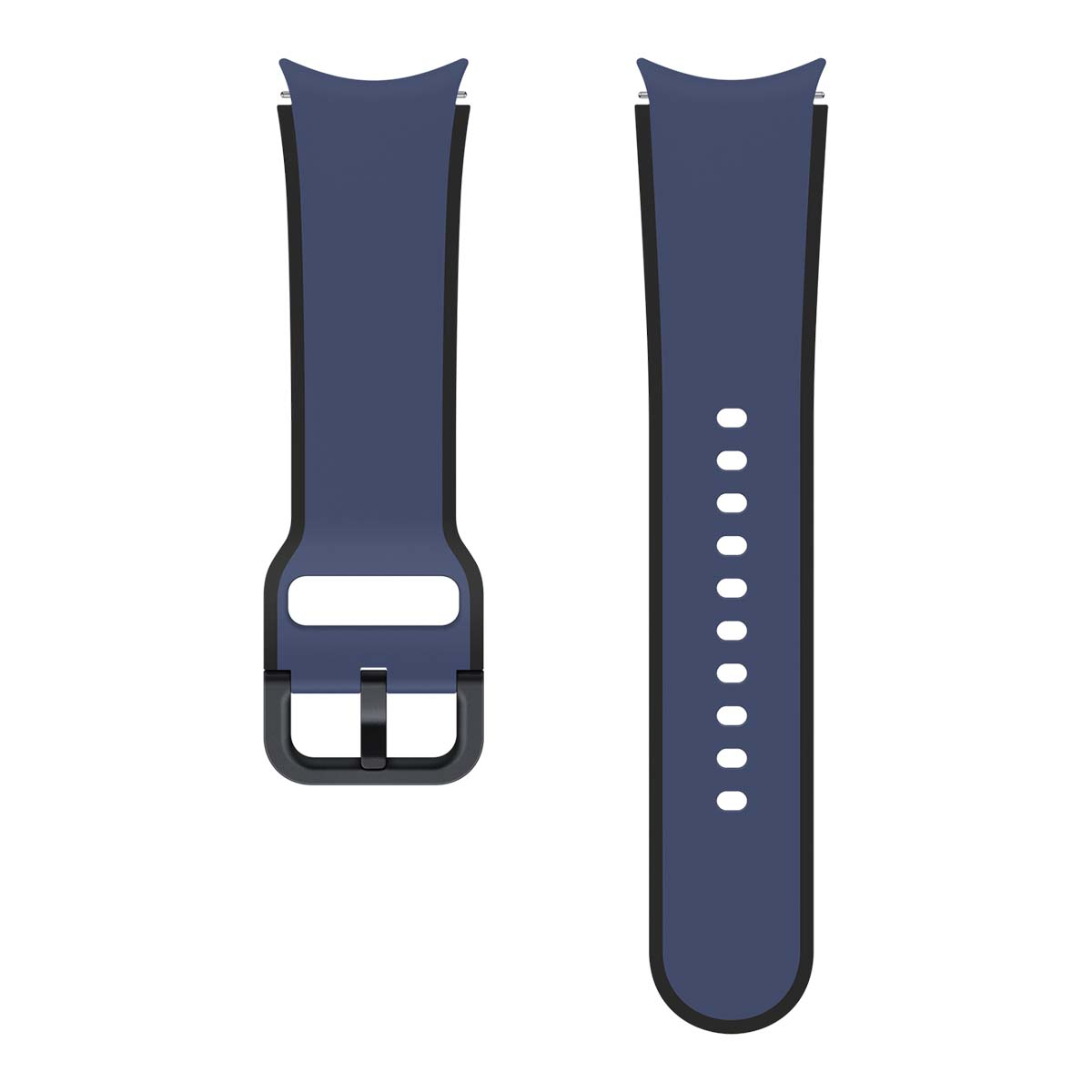Due cinturini per smartwatch blu scuro. Uno ha una fibbia, l'altro dei fori. Entrambi hanno bordi neri.