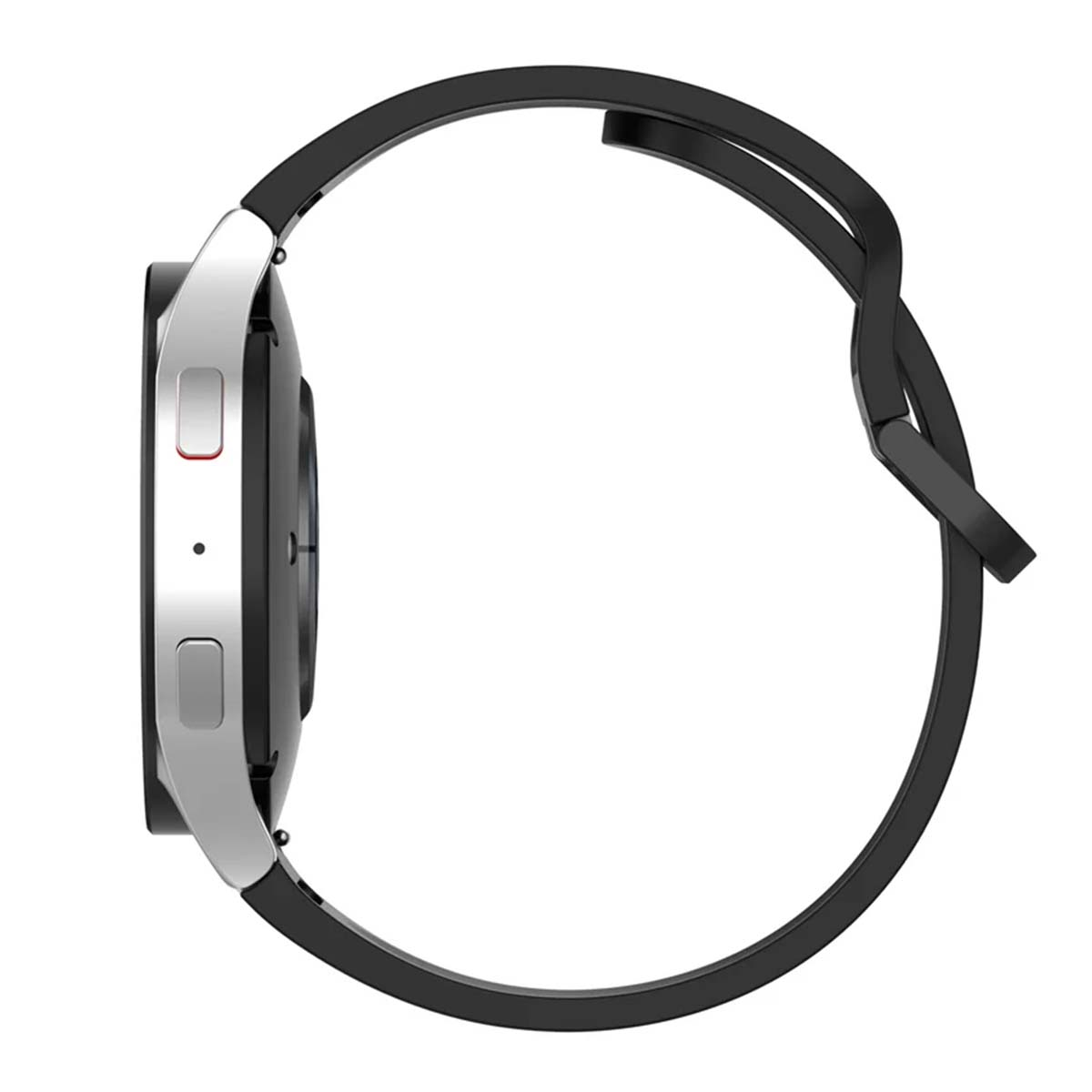 Vista laterale di uno smartwatch. Ha una cornice argentata, un cinturino nero e uno schermo nero. I pulsanti sono visibili.