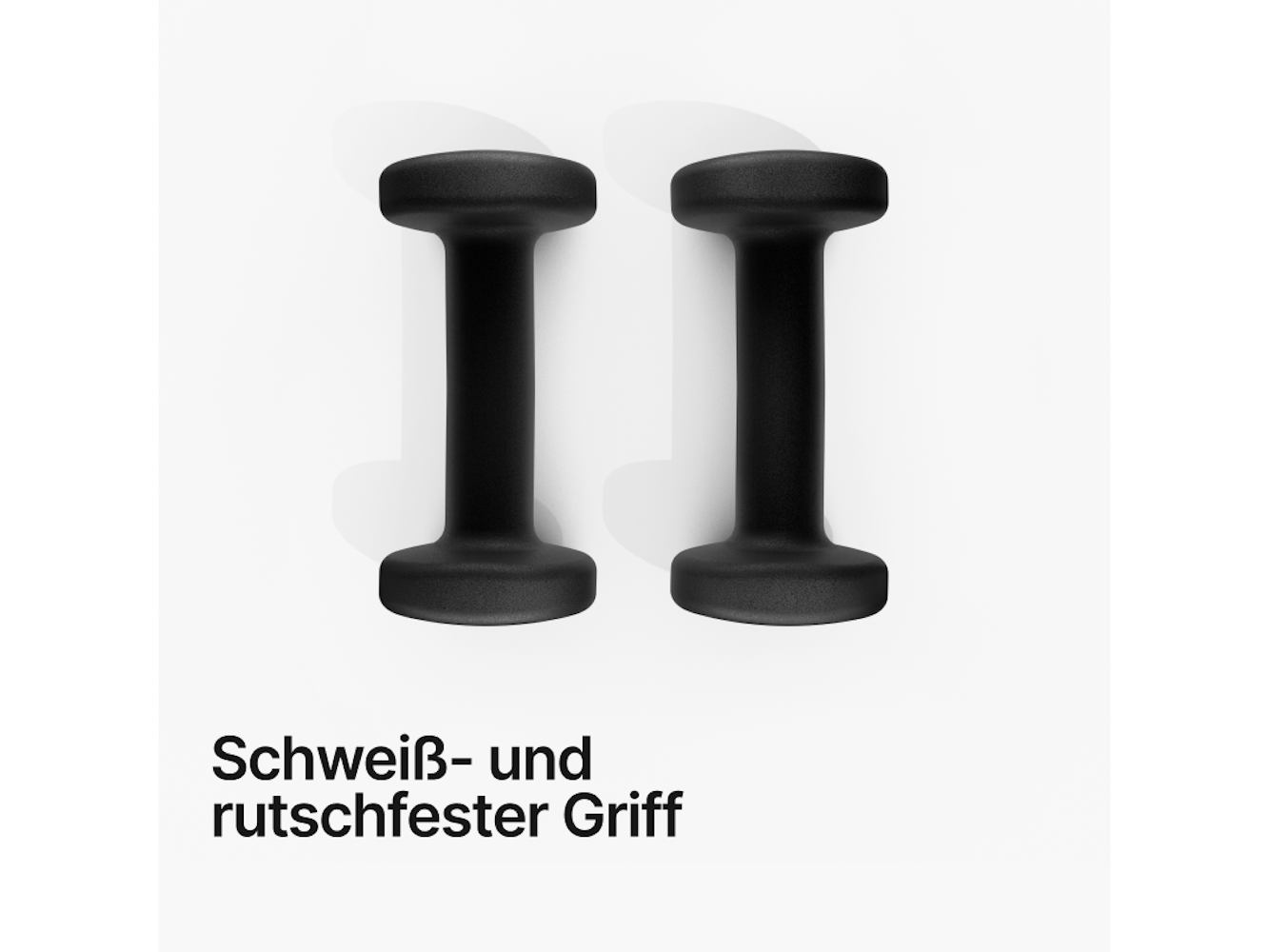 Zwei schwarze Kurzhanteln auf weißem Hintergrund. Text unten: Schweiß- und rutschfester Griff.