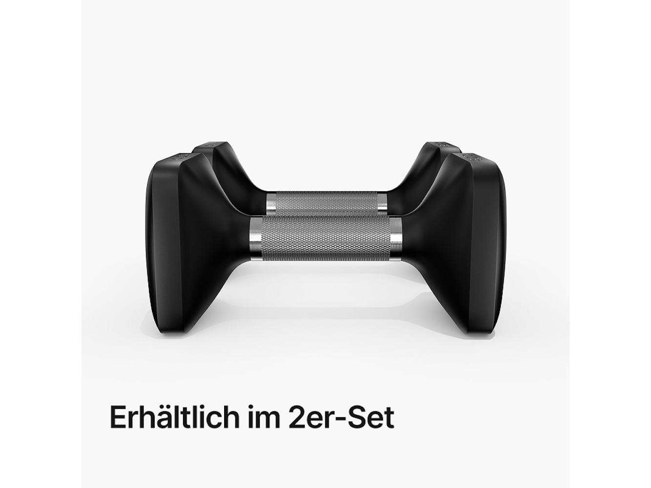 Zwei schwarze Kurzhanteln mit silbernen Griffen auf weißem Hintergrund. Unten steht: 'Erhältlich im 2er-Set'.