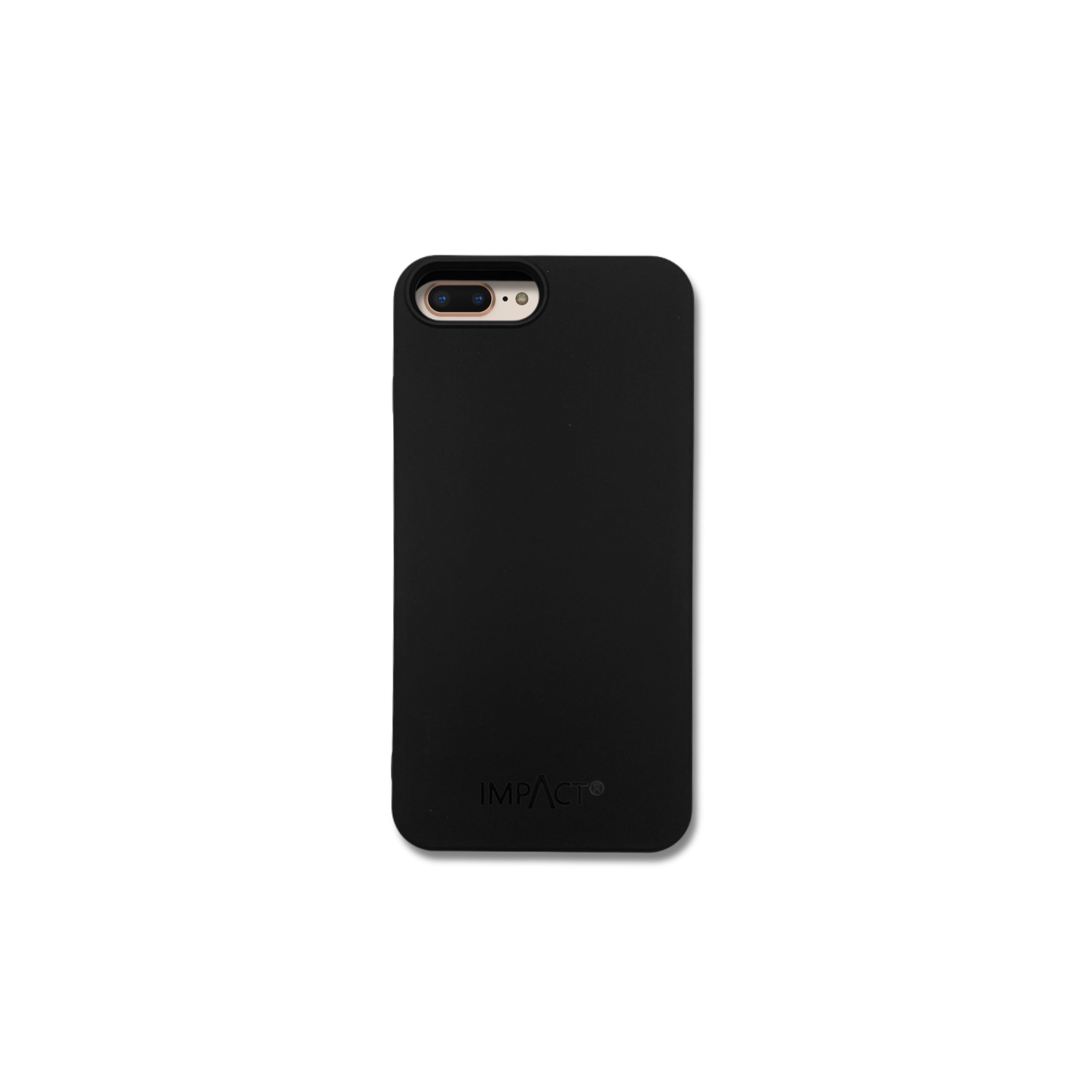 Una custodia nera per telefono su sfondo bianco. La custodia ha un'apertura per la fotocamera e il marchio è IMPCT®.