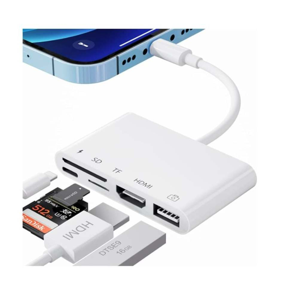 Weißer Multiport-Adapter, verbunden mit einem Telefon. SD-, TF-, HDMI- und USB-Anschlüsse sichtbar. SD-Karte und USB-Stick gezeigt.
