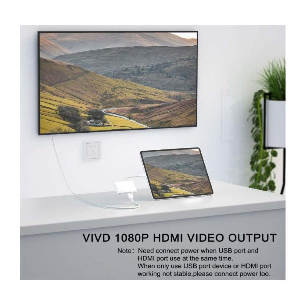 Ein Fernseher zeigt eine Landschaft, ein Tablet neben einem HDMI-Adapter auf einer weißen Oberfläche. Text: VIVD 1080P HDMI VIDEO OUTPUT.