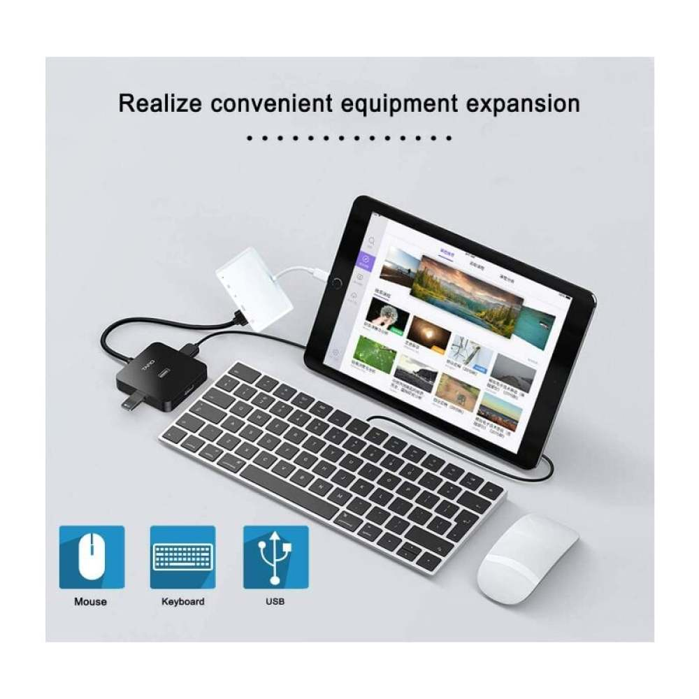 Tablet mit Tastatur, Maus und USB-Hub. Symbole für Maus, Tastatur und USB unten. Weißer Hintergrund.