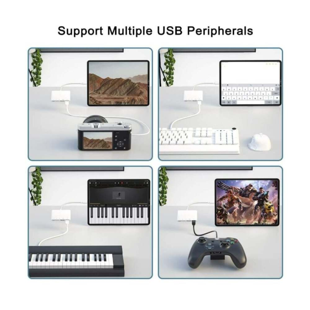 Das Bild zeigt verschiedene Geräte, die an einen Hub angeschlossen sind: Kamera, Tastatur, Klavier und Gamecontroller, alle an Tablets.