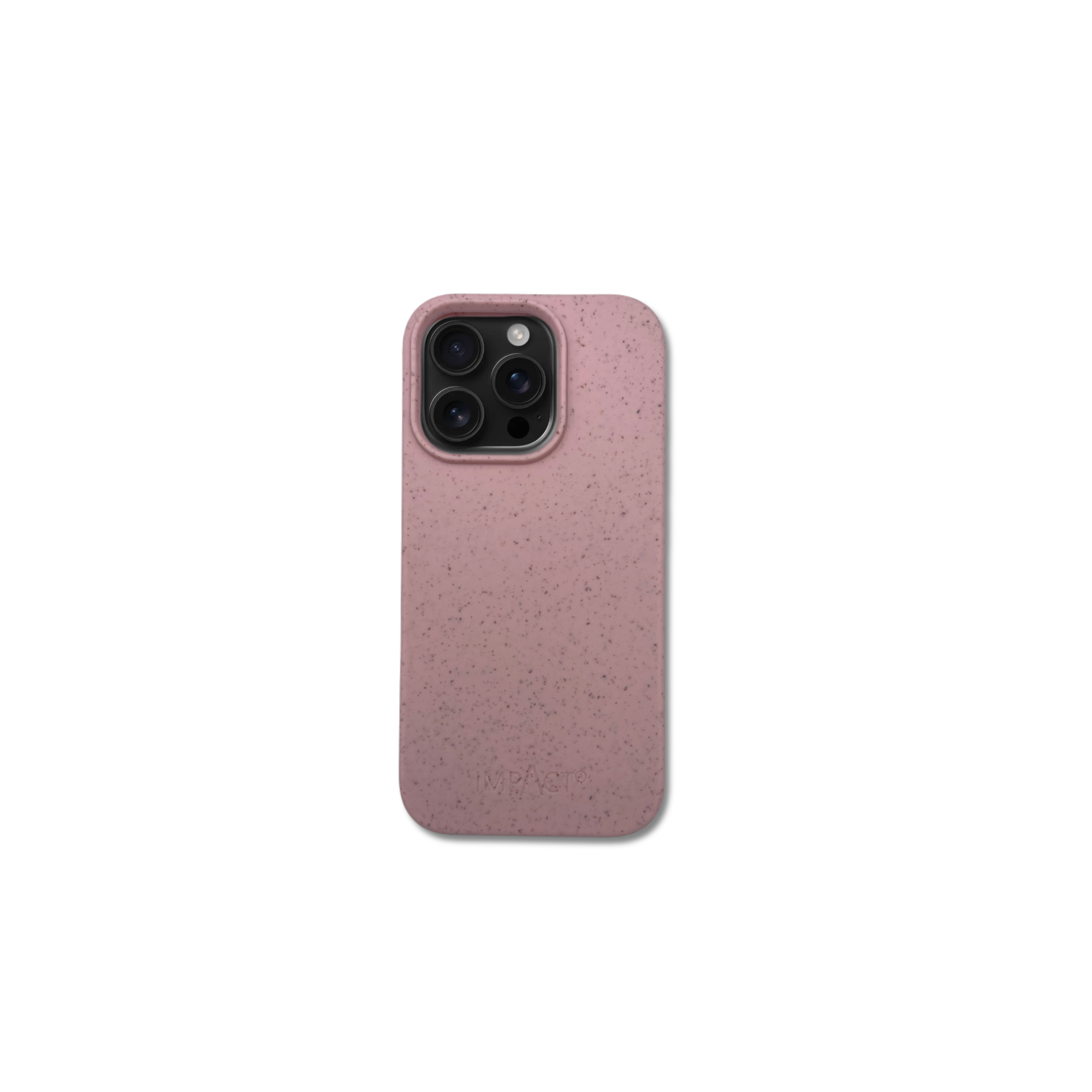 Una custodia per telefono rosa polveroso con tre obiettivi e un flash è centrata su sfondo bianco.