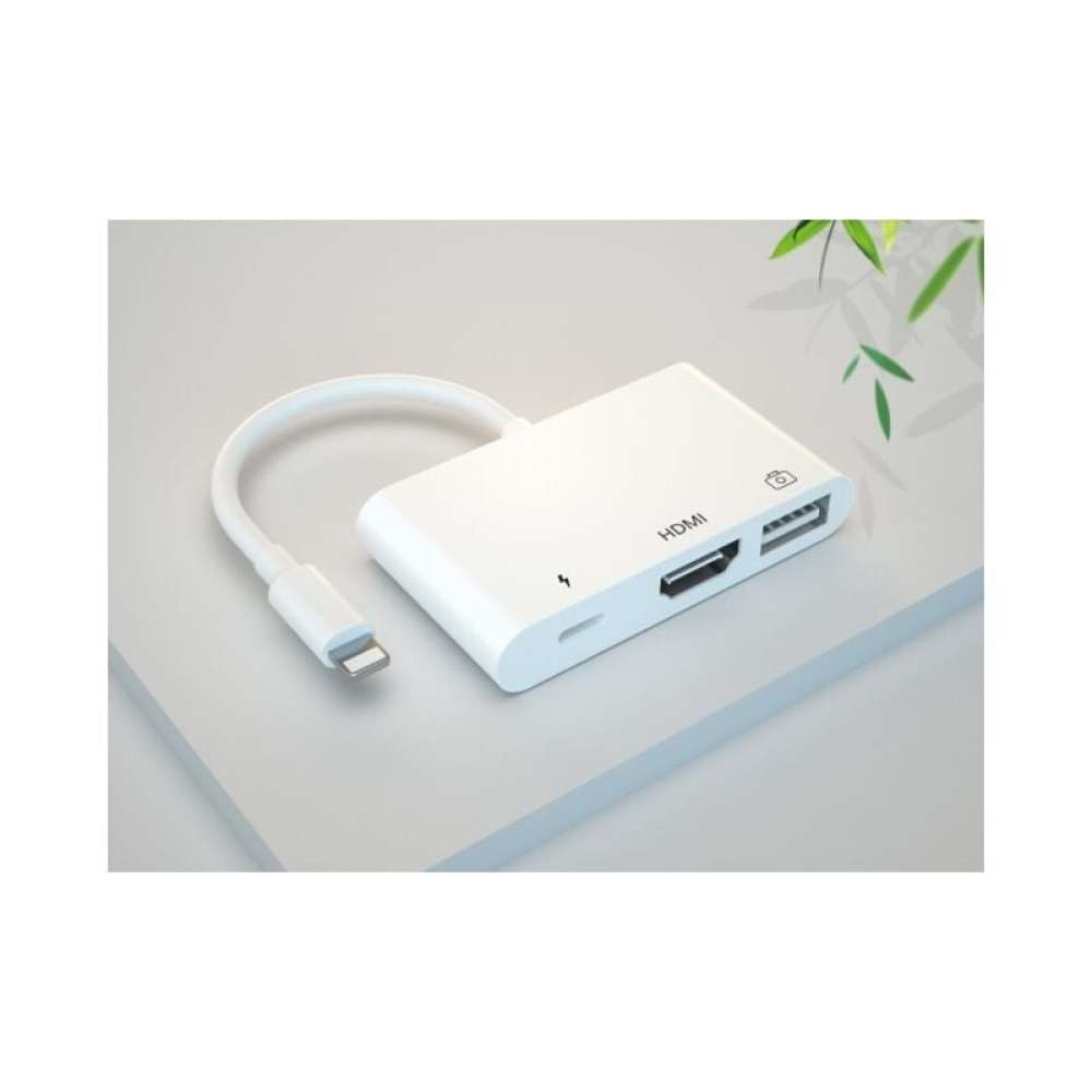 Ein weißer HDMI-Adapter mit Lightning-Anschluss. Er hat einen HDMI-Anschluss und einen Ladeanschluss mit weißem Kabel.