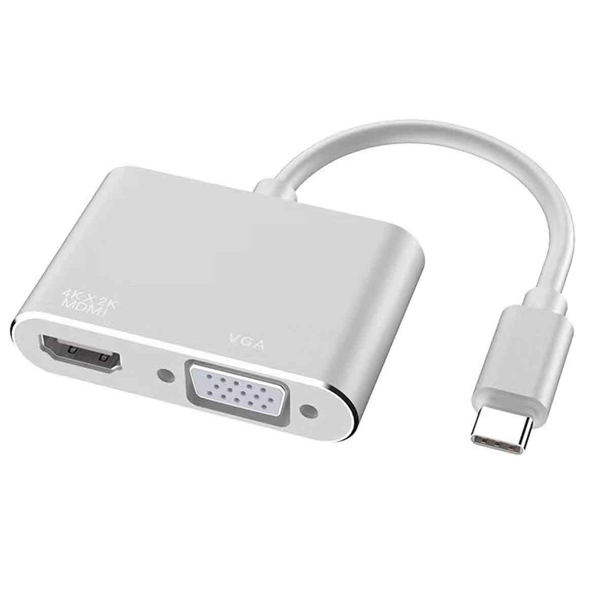Ein weißer Adapter mit HDMI-, VGA-Anschlüssen und einem USB-C-Kabel. Der Adapter ist rechteckig, mit Beschriftungen.
