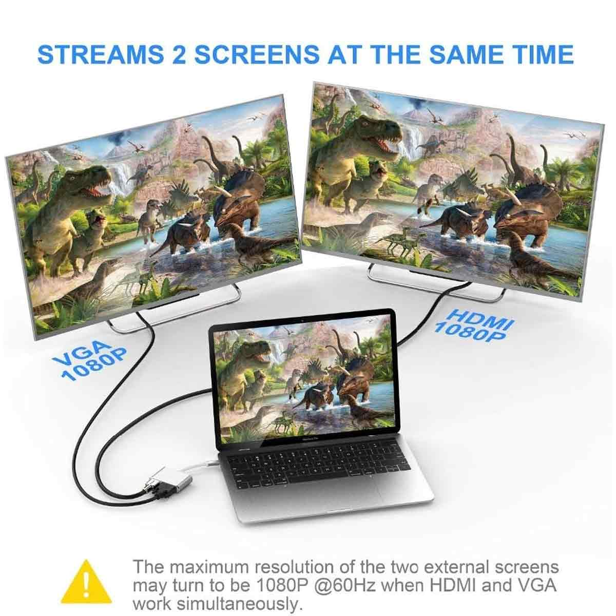 Zwei Fernseher und ein Laptop zeigen eine Dinosaurierszene. Kabel verbinden den Laptop mit den Fernsehern. Text zeigt 1080P Auflösung.