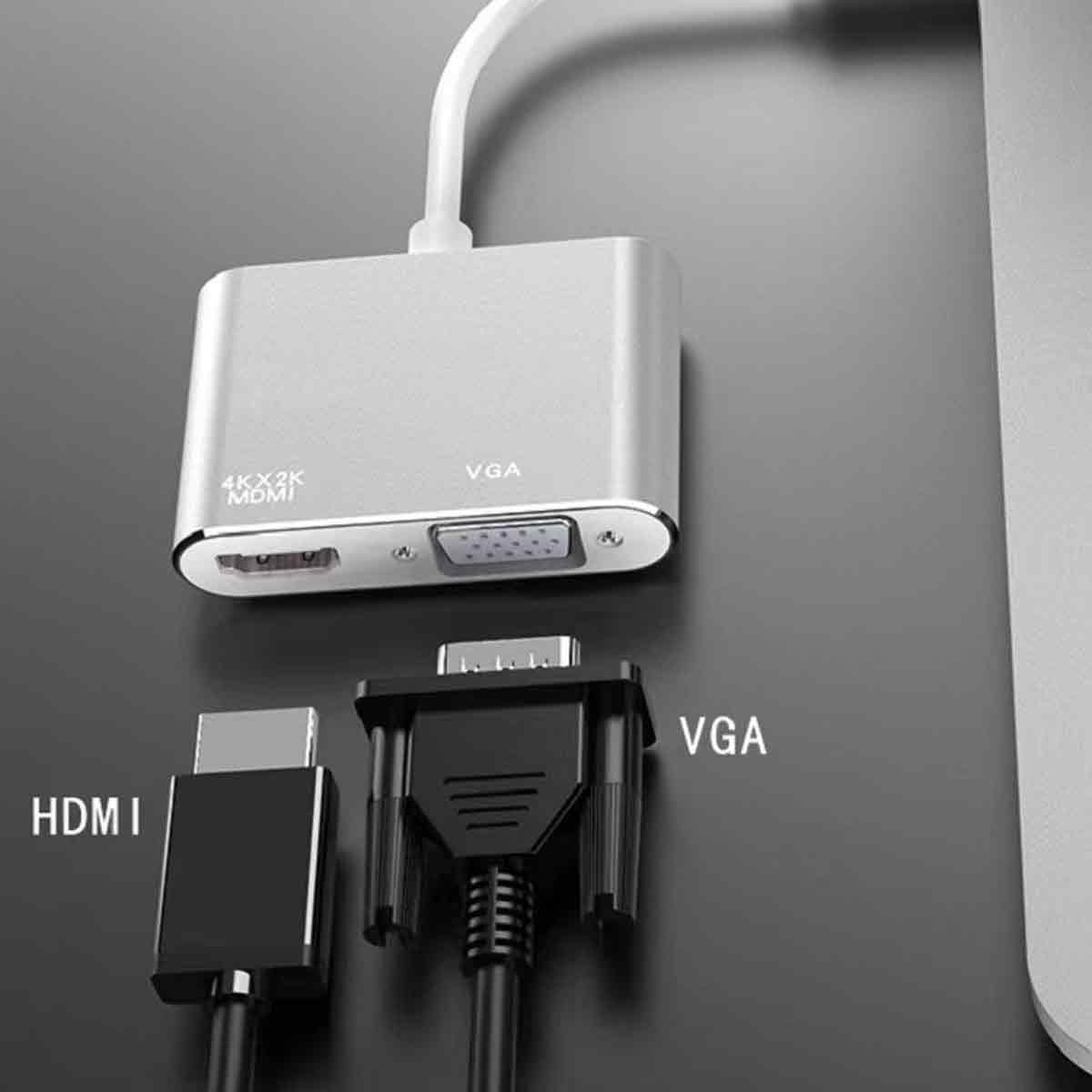 Ein silberner HDMI-zu-VGA-Adapter mit Kabeln. Enthält einen HDMI-Anschluss, einen VGA-Anschluss und einen VGA-Anschluss.