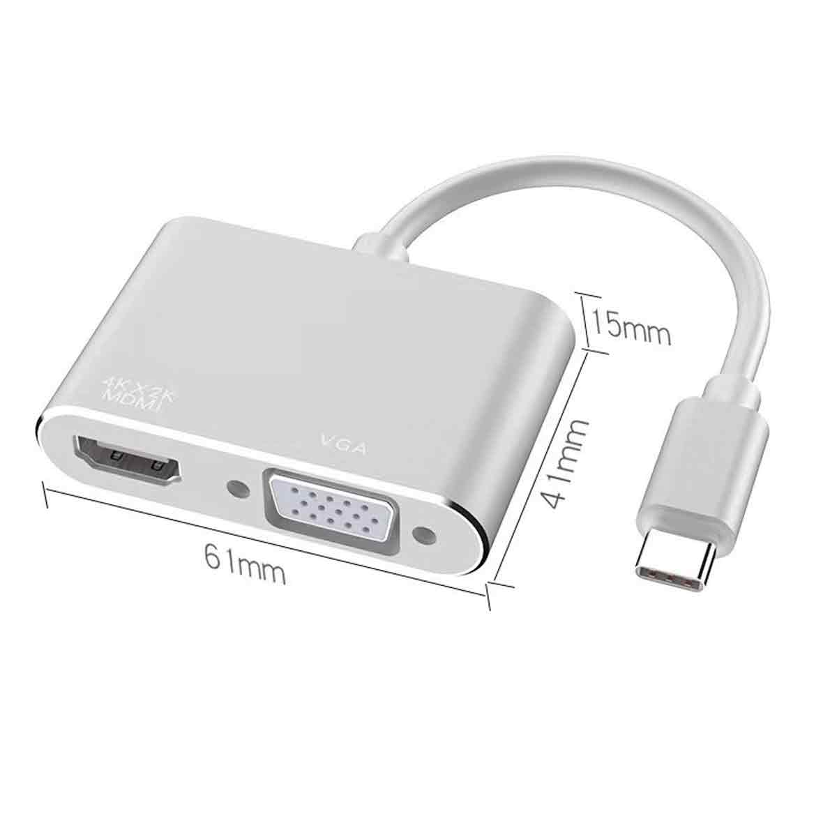 Silberner VGA-Adapter mit HDMI- und USB-C-Anschlüssen. Abmessungen: 61 mm, 41 mm und 15 mm. Weißer Hintergrund.