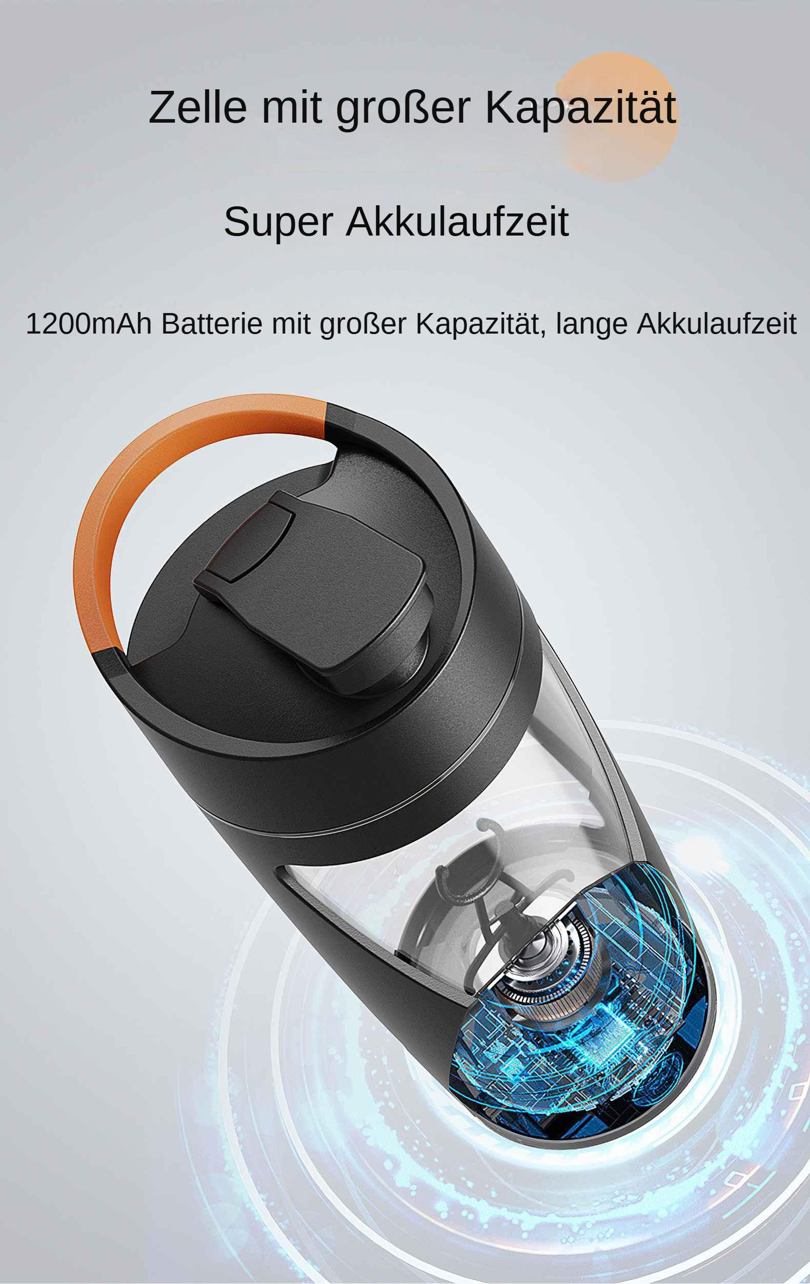 Schrägansicht einer schwarzen und transparenten Wasserflasche mit orangefarbenem Griff. Text: Super Akkulaufzeit, 1200mAh Batterie.