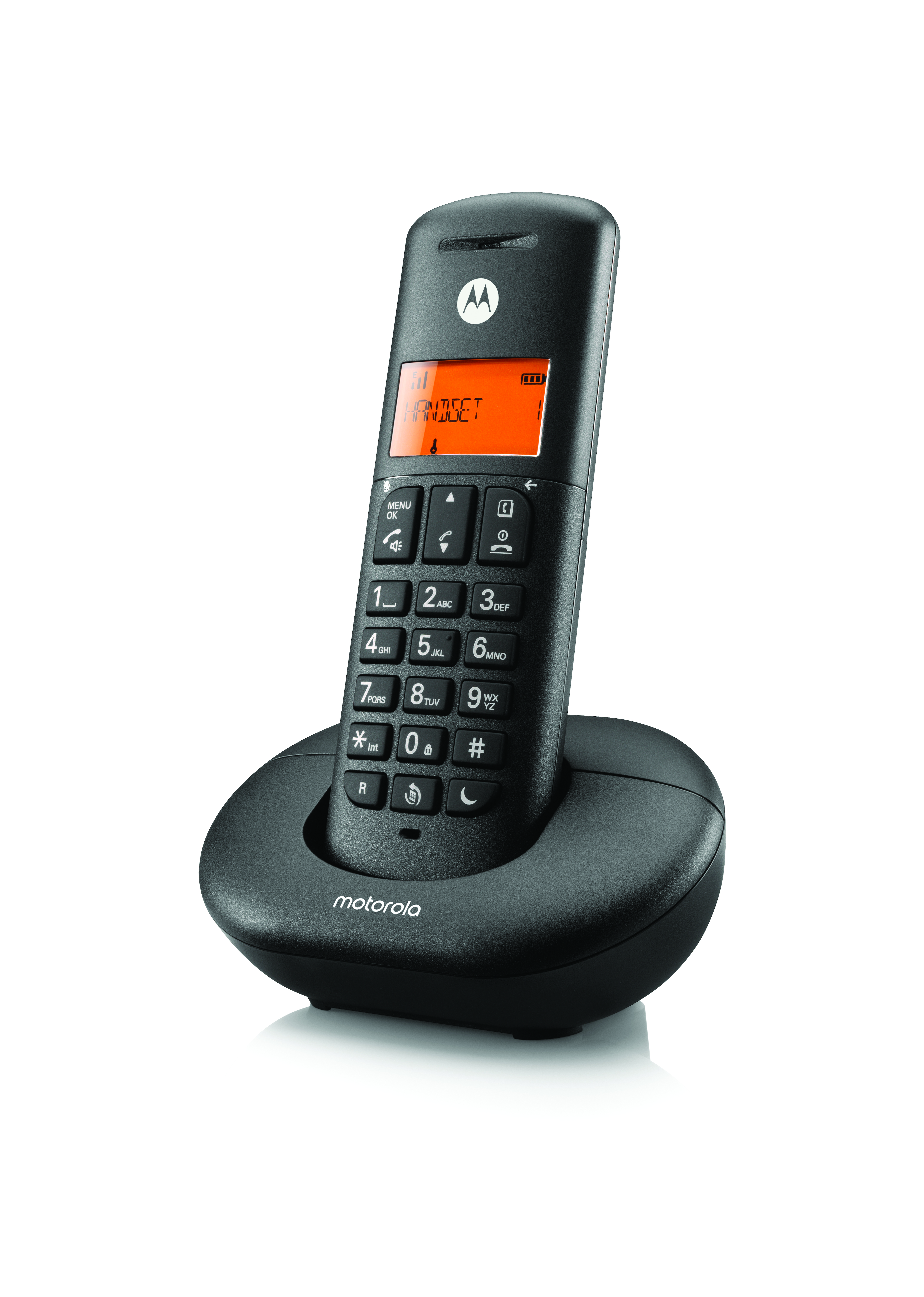 Teléfono inalámbrico Motorola negro sobre un soporte. El teléfono tiene botones y una pantalla naranja.