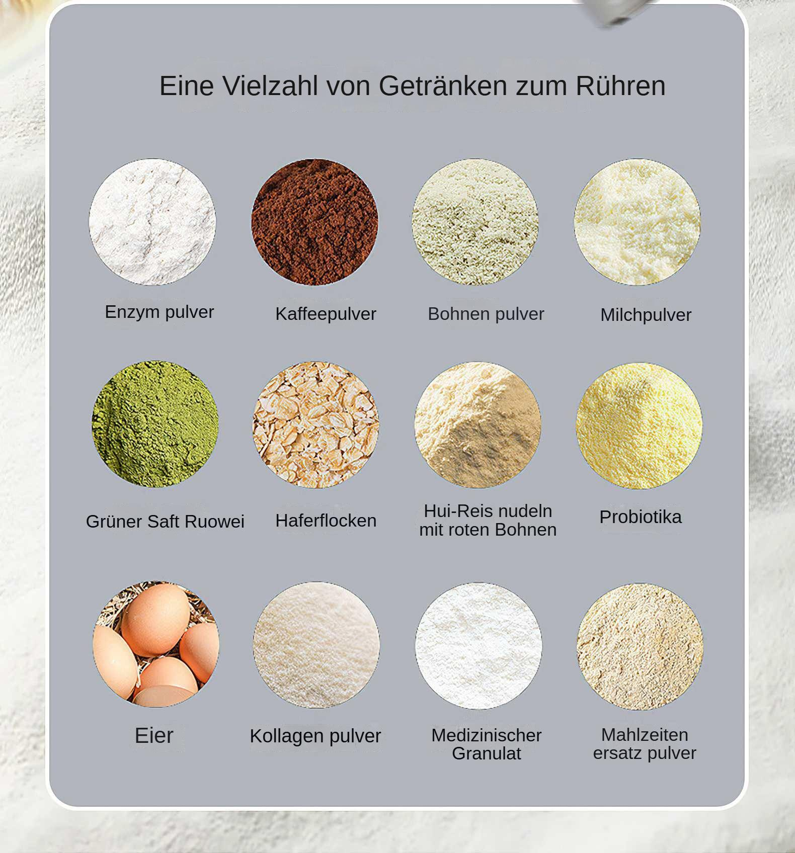 Ein Bild zeigt verschiedene Pulver und Zutaten für Getränke, beschriftet auf Deutsch, einschließlich Kaffee, Milch und Getreide.