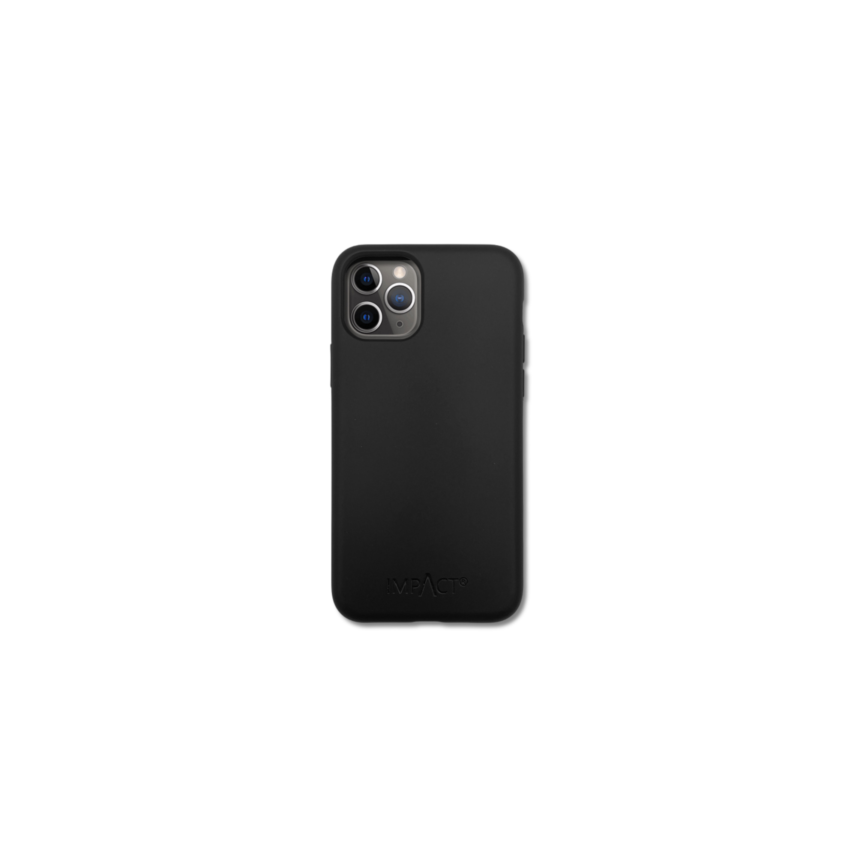 Custodia nera per telefono con ritagli per fotocamera e logo IMPACT in basso, su sfondo bianco.