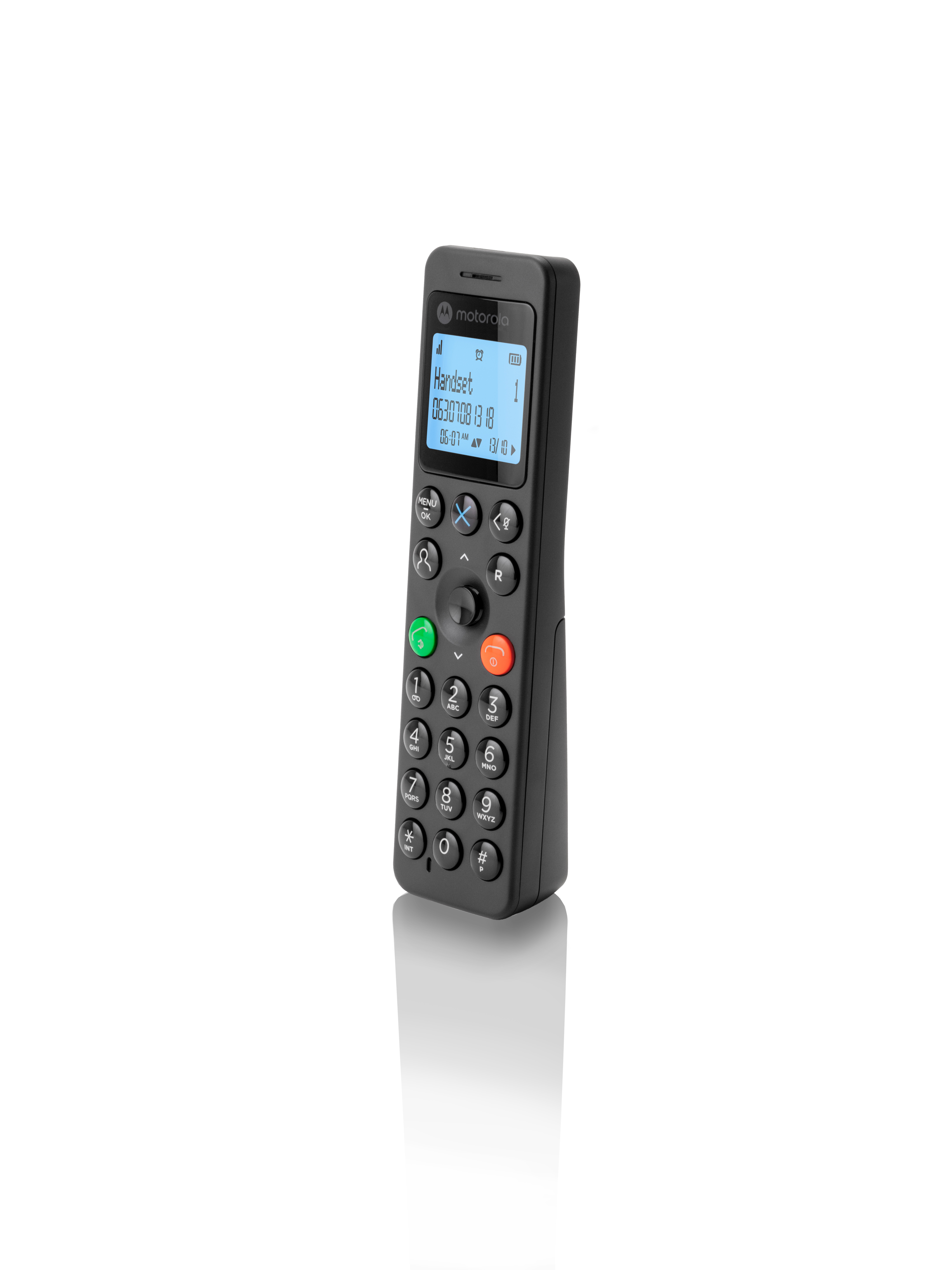 Ein schwarzes Motorola-Handset mit Tasten und einem Bildschirm, der Informationen anzeigt, vor weißem Hintergrund.