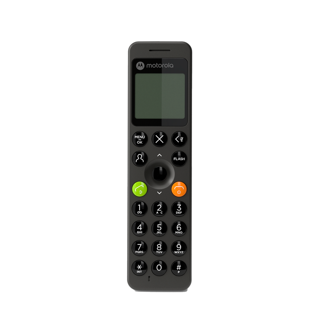 Ein schwarzes Motorola-Telefon mit Bildschirm, Tasten und einer zentralen Navigationstaste. Zahlen 1-9, * und # sind vorhanden.