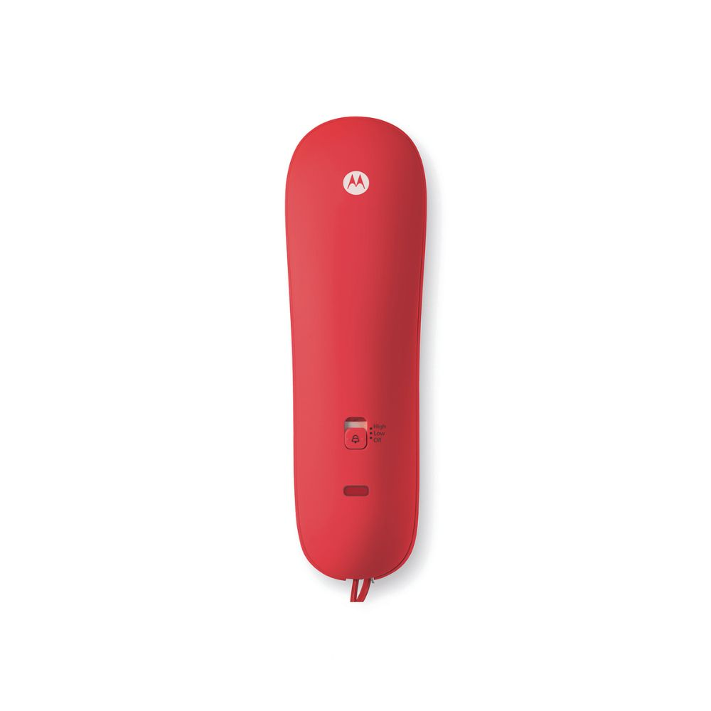 Ein roter Motorola-Telefonhörer auf weißem Hintergrund. Er hat einen Lautsprecher, Lautstärkeregler und Motorola-Logo.