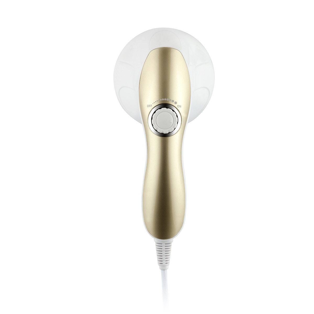 Ein weiß-goldenes Massagegerät mit rundem Kopf und Griff. Es hat einen Ein/Aus-Schalter und ein weißes Kabel.