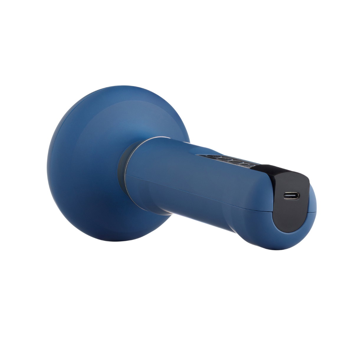 Un dispositivo azul de mano con una cabeza redondeada y un mango cilíndrico. Tiene un puerto USB-C y un panel de control.