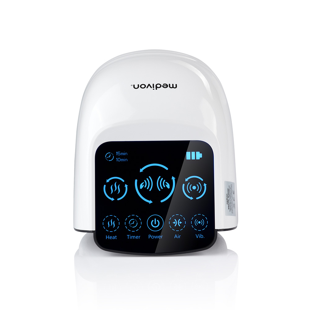 Ein weißes Medivon-Gerät mit einem schwarzen Bildschirm, der Symbole für Wärme, Timer, Strom, Luft und Vibration anzeigt. Es hat eine gewölbte Oberseite.