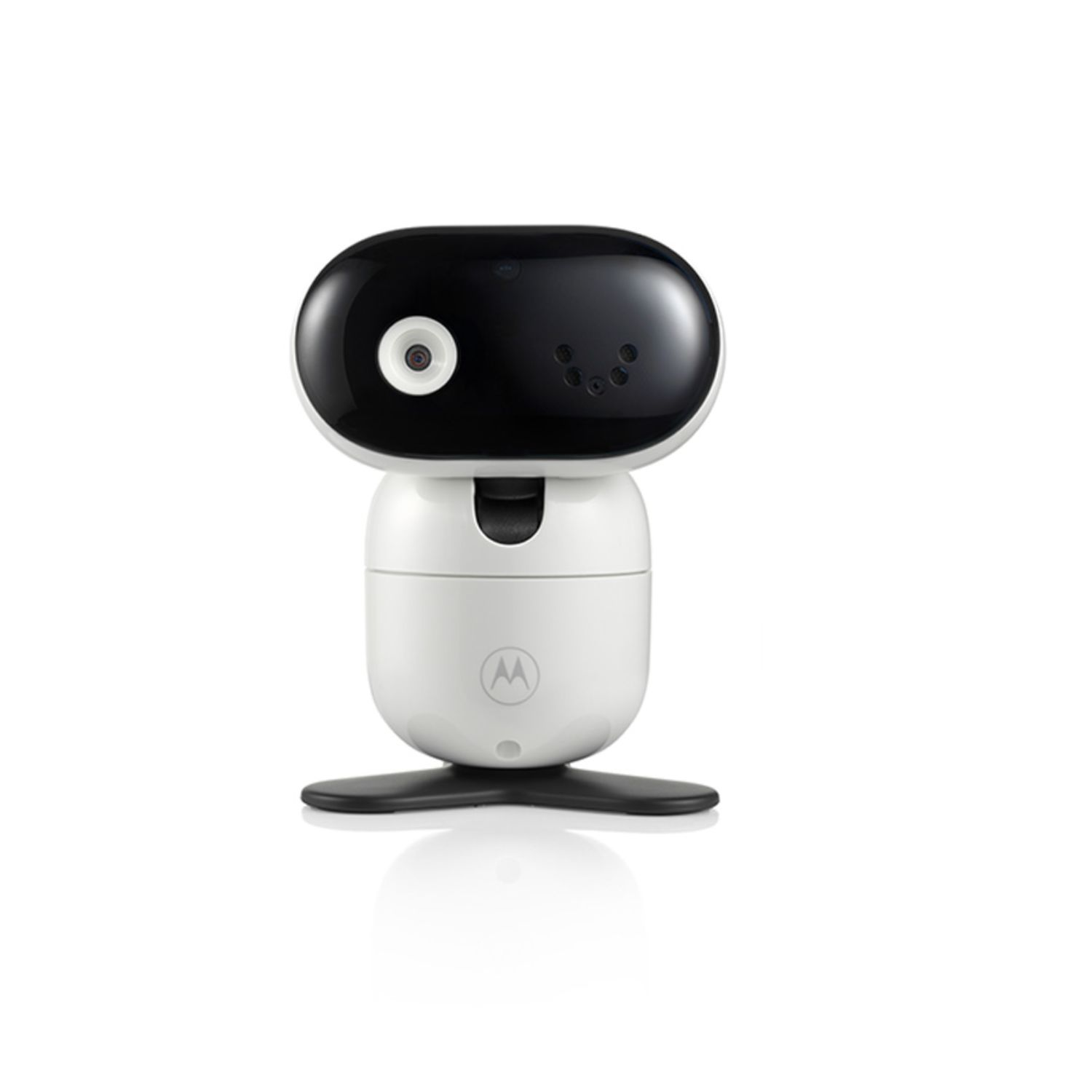 Un monitor para bebés blanco y negro. Tiene una parte superior redondeada con cámara y sensores y una base curvada. El logotipo de Motorola es visible.