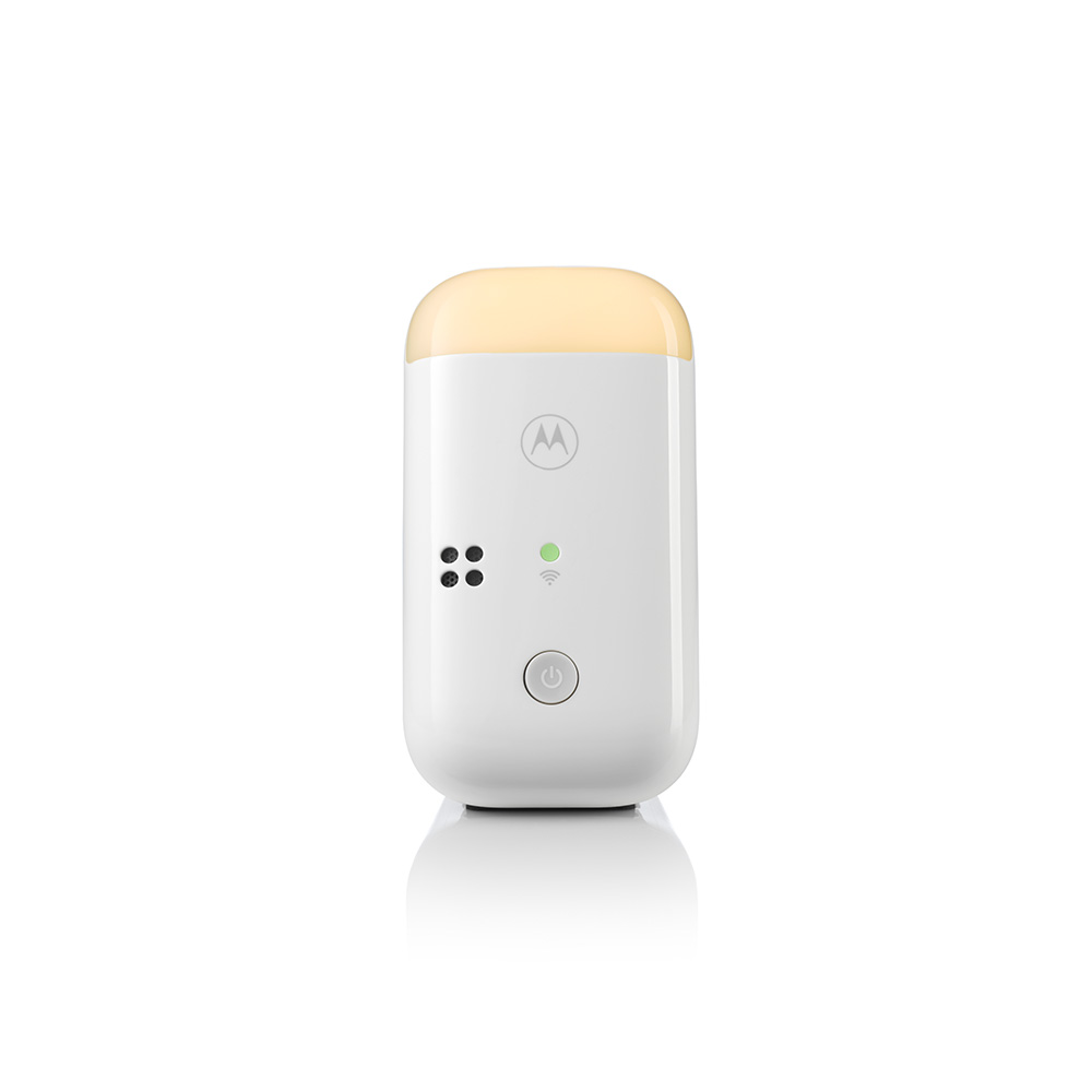 Monitor para bebés blanco con parte superior redondeada, botón de encendido e indicadores, incluyendo un símbolo wifi verde. Tiene un logo de Motorola.