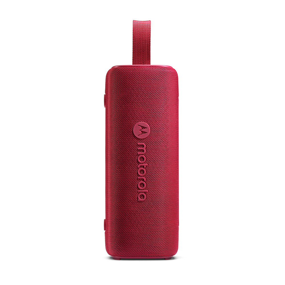 Un altoparlante Motorola rosso con un anello, su sfondo bianco. Il logo Motorola è sull'altoparlante.