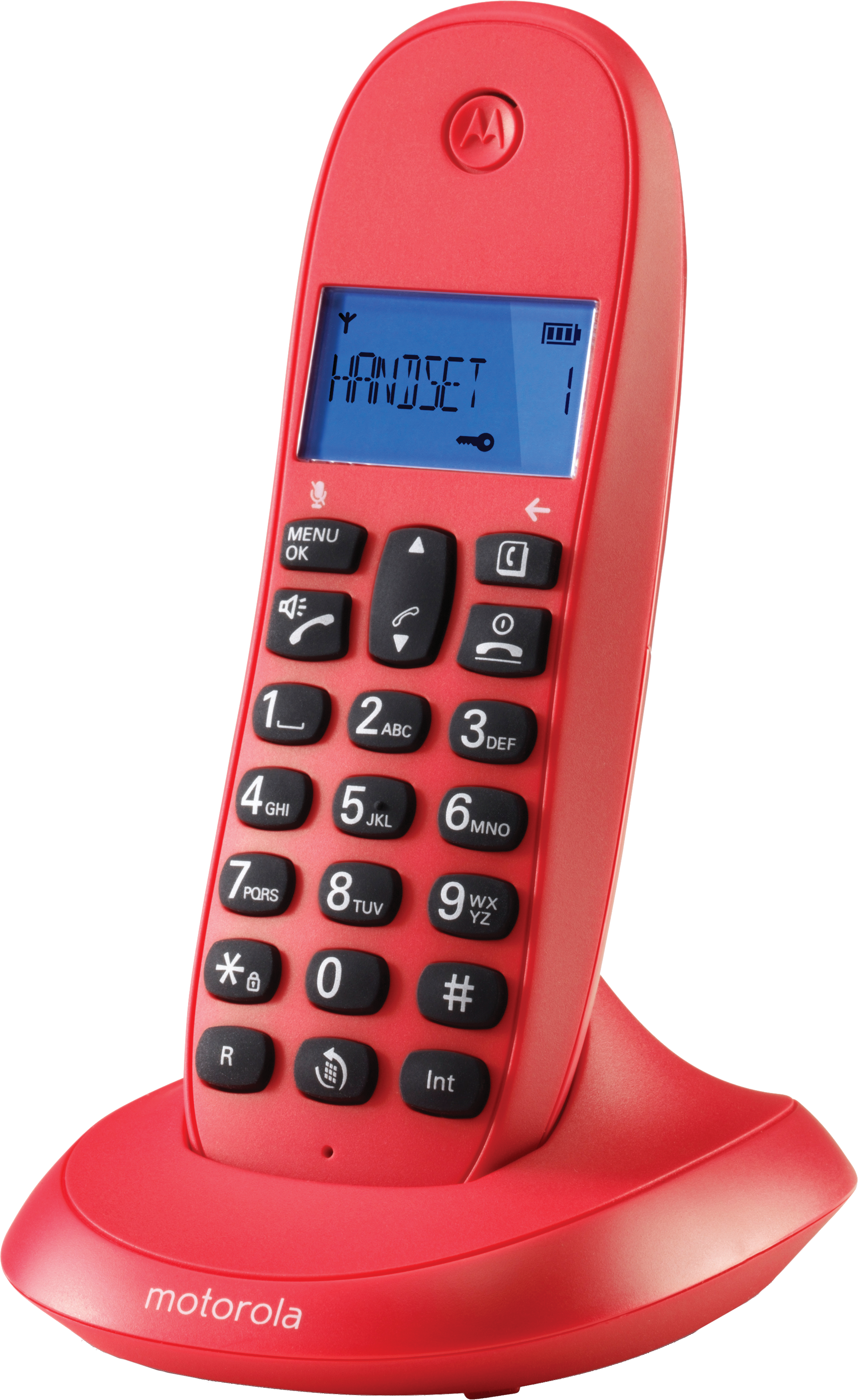 Un teléfono inalámbrico Motorola rojo. El auricular muestra 'HANDSET'. Se ven números y botones. La base es del mismo color rojo.