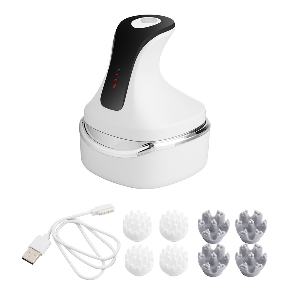 Ein weißes und schwarzes Kopfmassagegerät mit USB-Kabel und mehreren Massageköpfen. Einige sind weiß und einige grau.