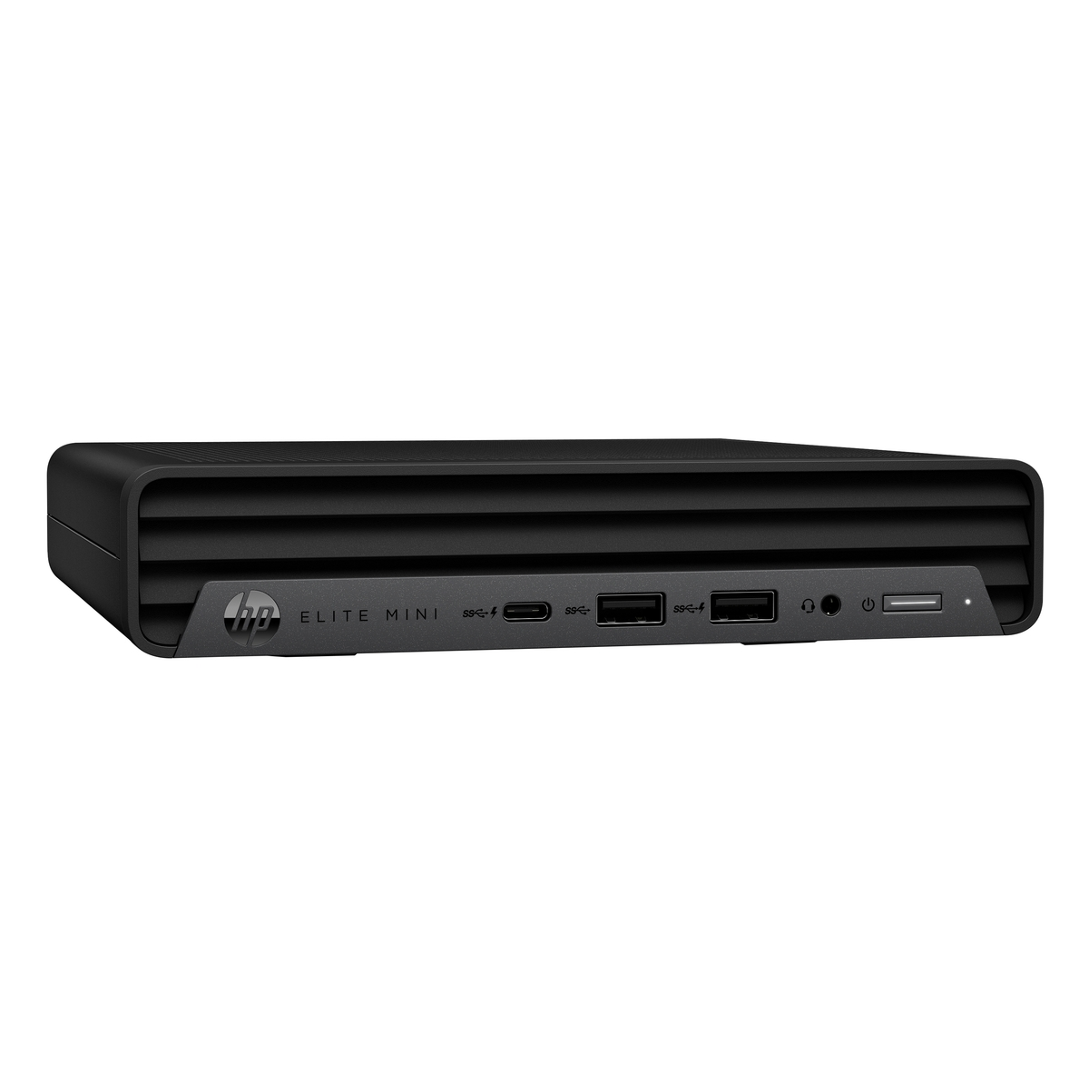 Een zwarte HP Elite Mini PC. Vooraanzicht toont poorten, aan/uit-knop en het HP-logo. Op een witte achtergrond.