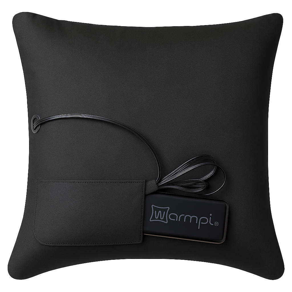 Ein schwarzes Kissen mit einer Tasche und einem Gerät mit der Aufschrift "Warmpi". Drähte erstrecken sich vom Gerät und gehen aus der Kissenseite heraus.