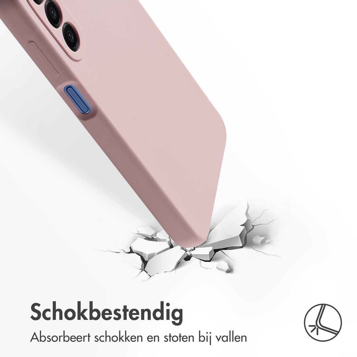 Een roze telefoonhoes valt, raakt de grond en breekt deze. De hoes heeft een camera en knoppen. De achtergrond is wit.