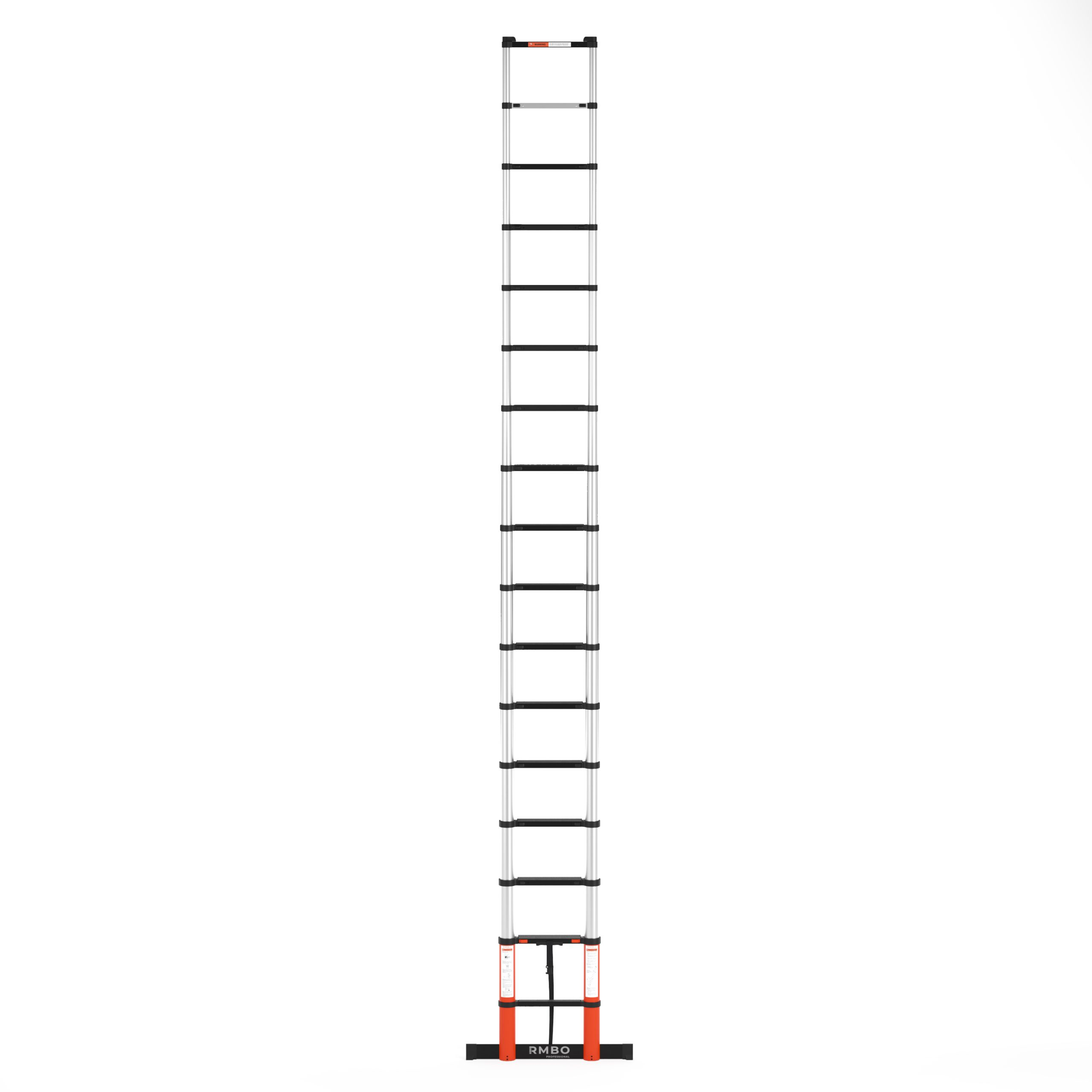 Une longue échelle argentée extensible avec des barreaux noirs et des accents orange est centrée sur fond blanc.