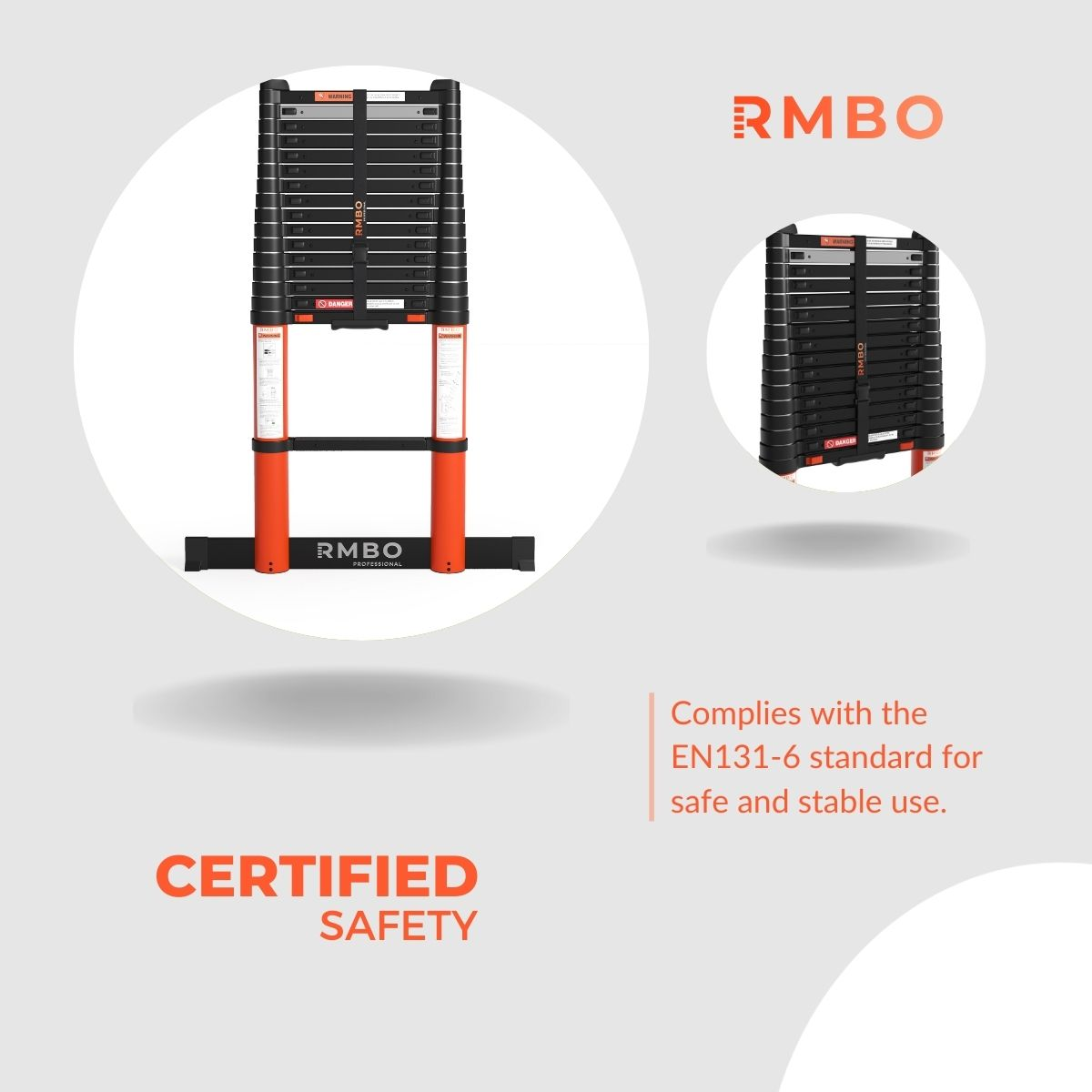 Une échelle télescopique RMBO noire et orange. L'image comprend une version plus petite et le texte 'Certified Safety' et 'Complies with EN131-6'.