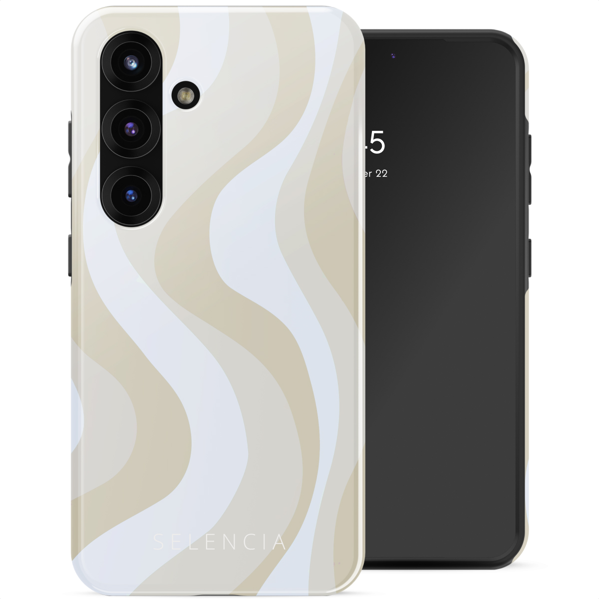 Due smartphone. Uno con una custodia a onde crema e bianche. L'altro con schermo nero che mostra l'ora.