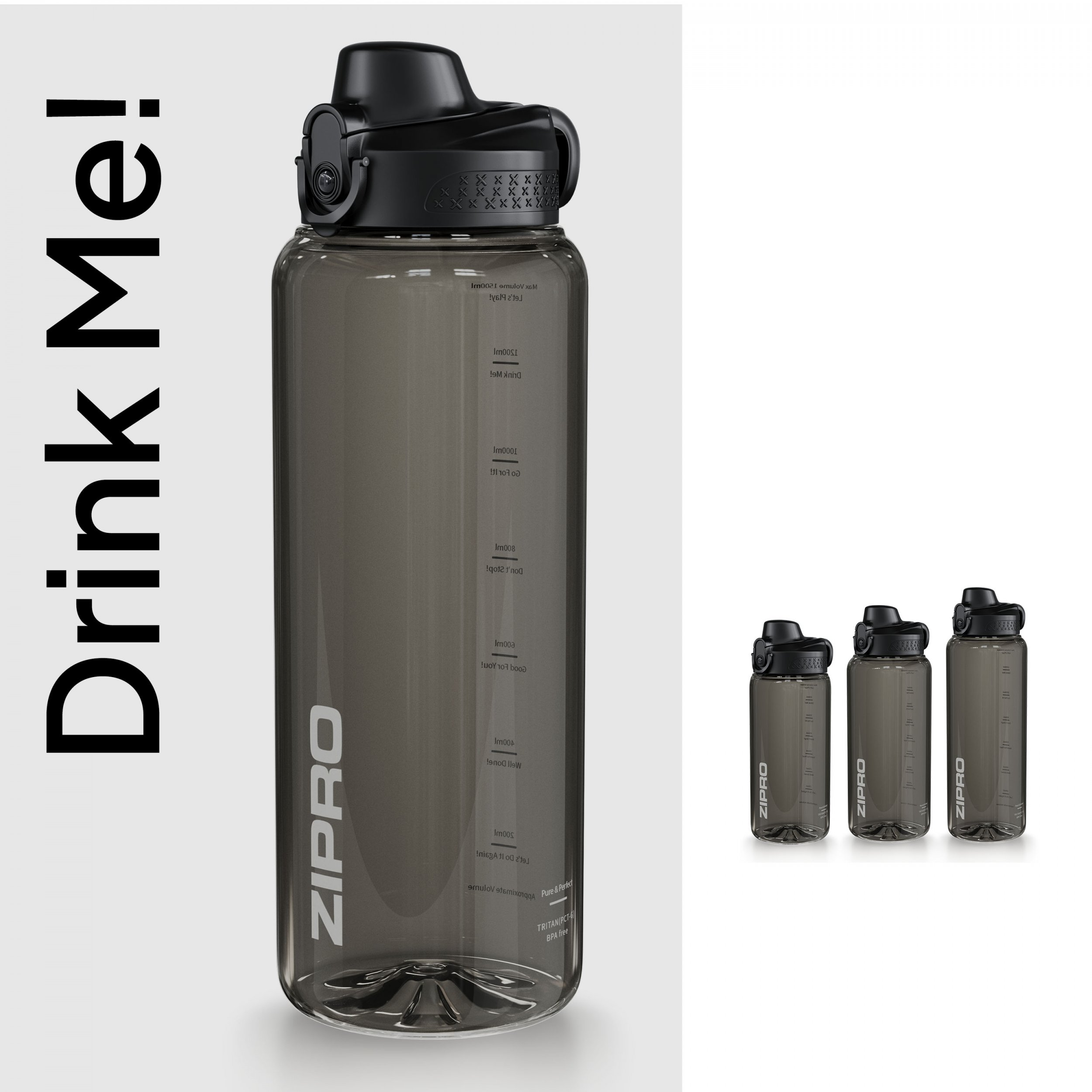 Eine große graue Wasserflasche mit schwarzem Deckel, das Wort "ZIPRO" und "Drink Me!" sind sichtbar.