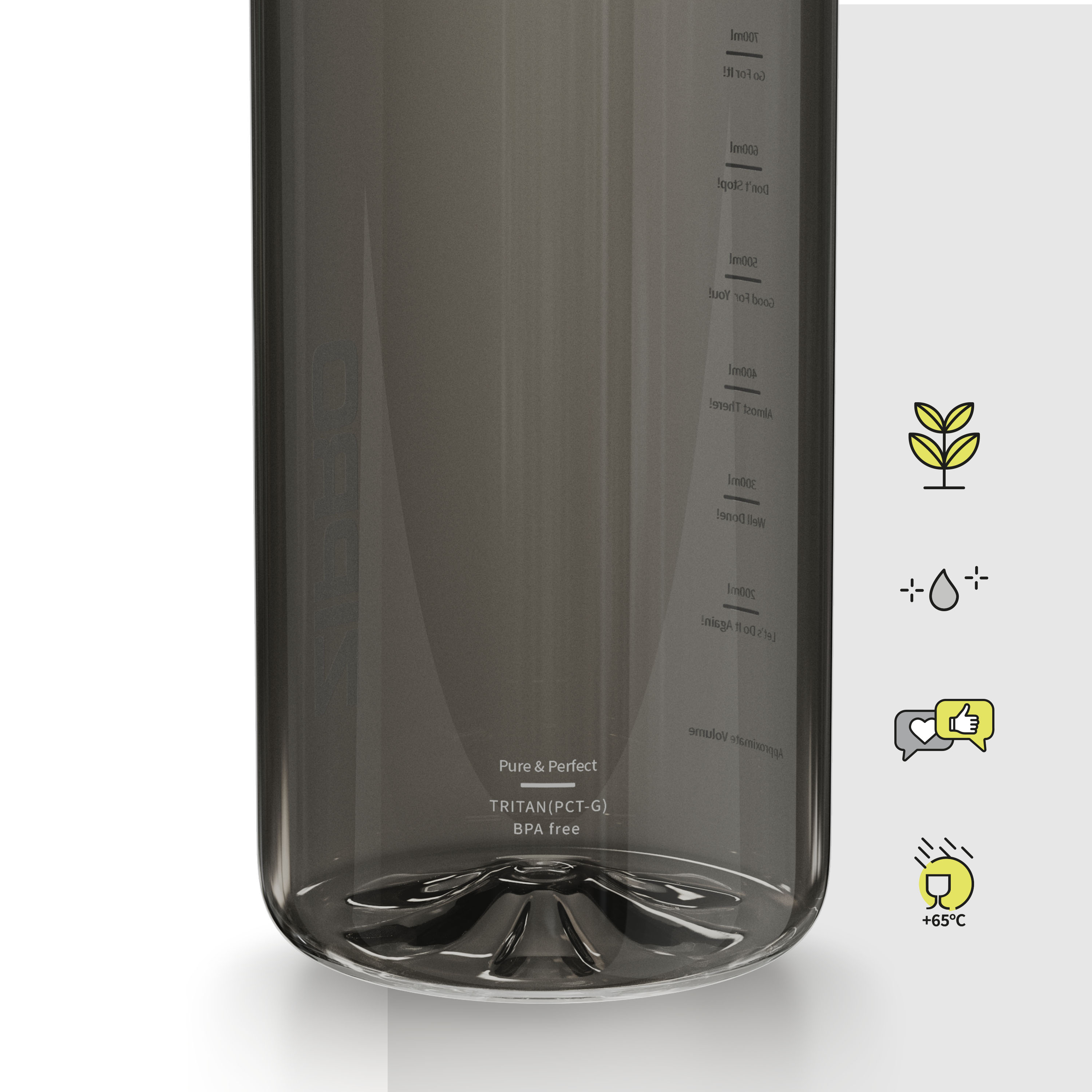 Eine transparente Wasserflasche mit Messmarkierungen. Sie trägt den Text 'Pure & Perfect', 'TRITAN(PCT-G)' und 'BPA frei'.