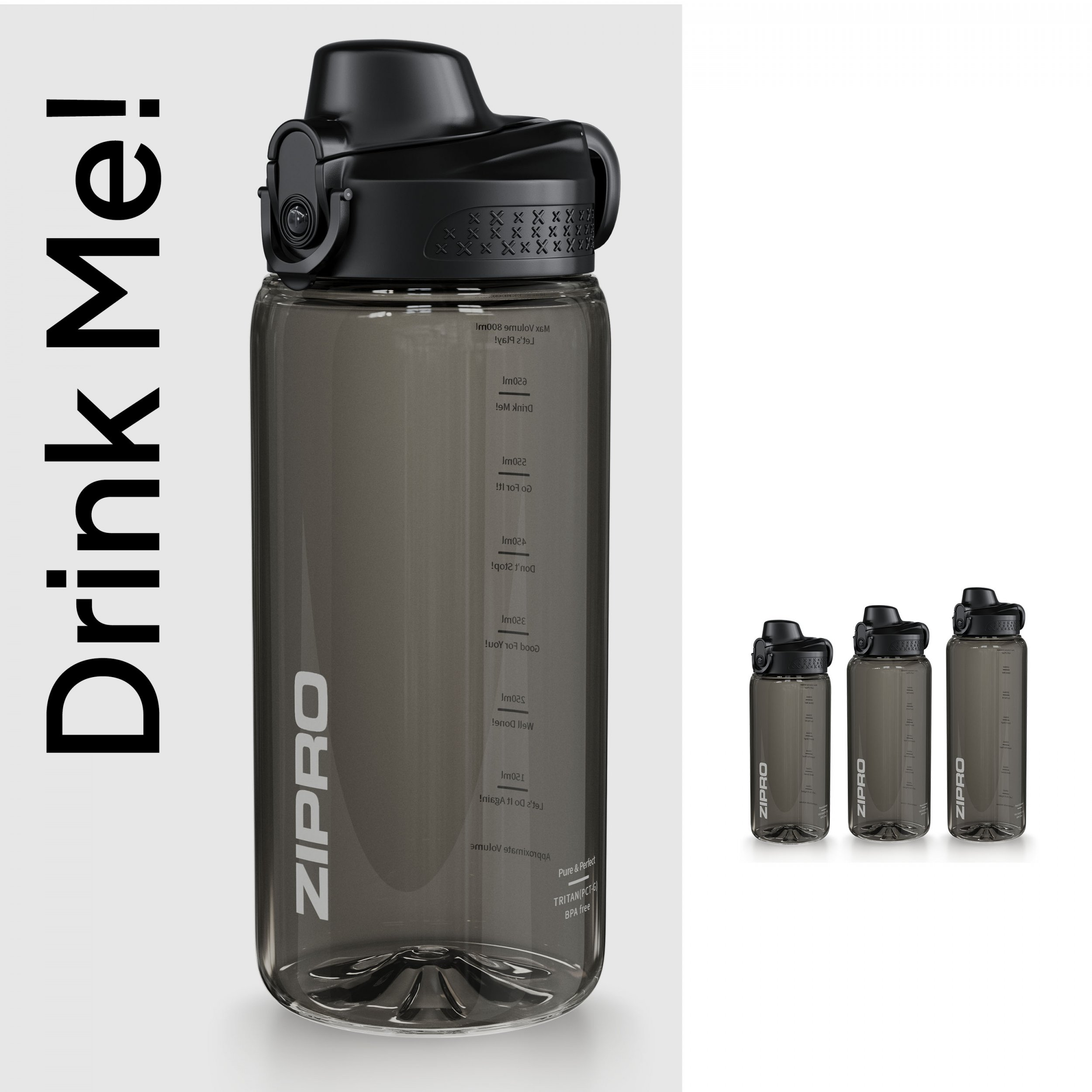 Das Bild zeigt eine Wasserflasche mit dem Text 'Drink Me!'. Drei Flaschen sind ebenfalls vorhanden. Schwarze Flasche und Verschluss.