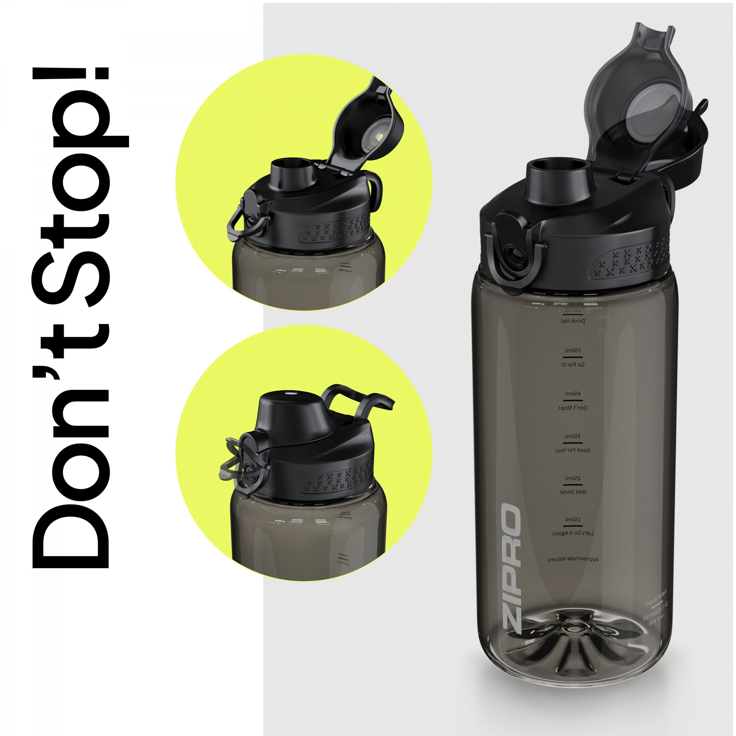 Eine transparente, dunkelgraue Wasserflasche mit schwarzem Deckel wird gezeigt. Die Flasche hat einen Griff und Messungen. Der Text 'Don't Stop!'