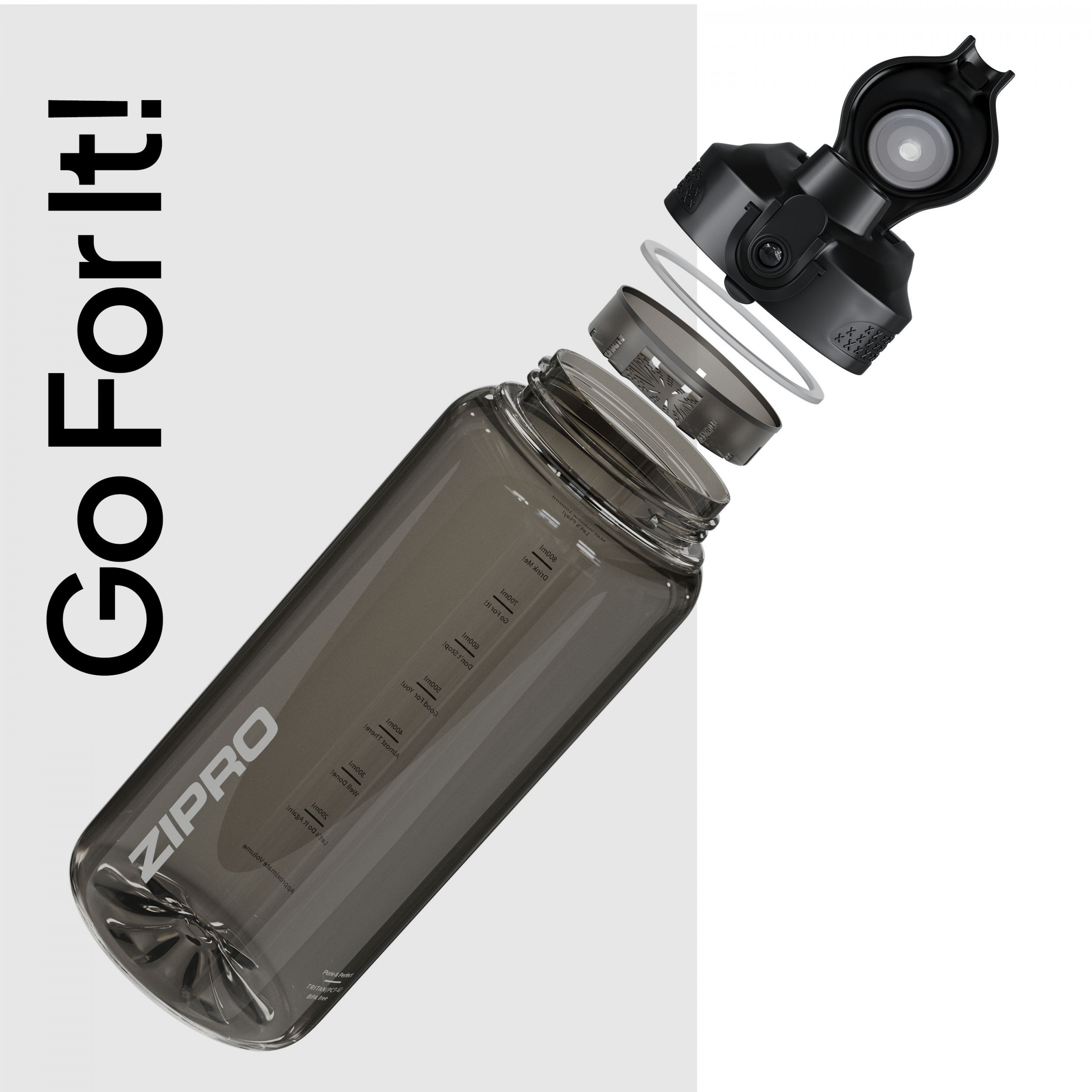 Explosionsansicht einer transparenten Wasserflasche mit schwarzen Kappenkomponenten. Der Text "Go For It!" steht links.