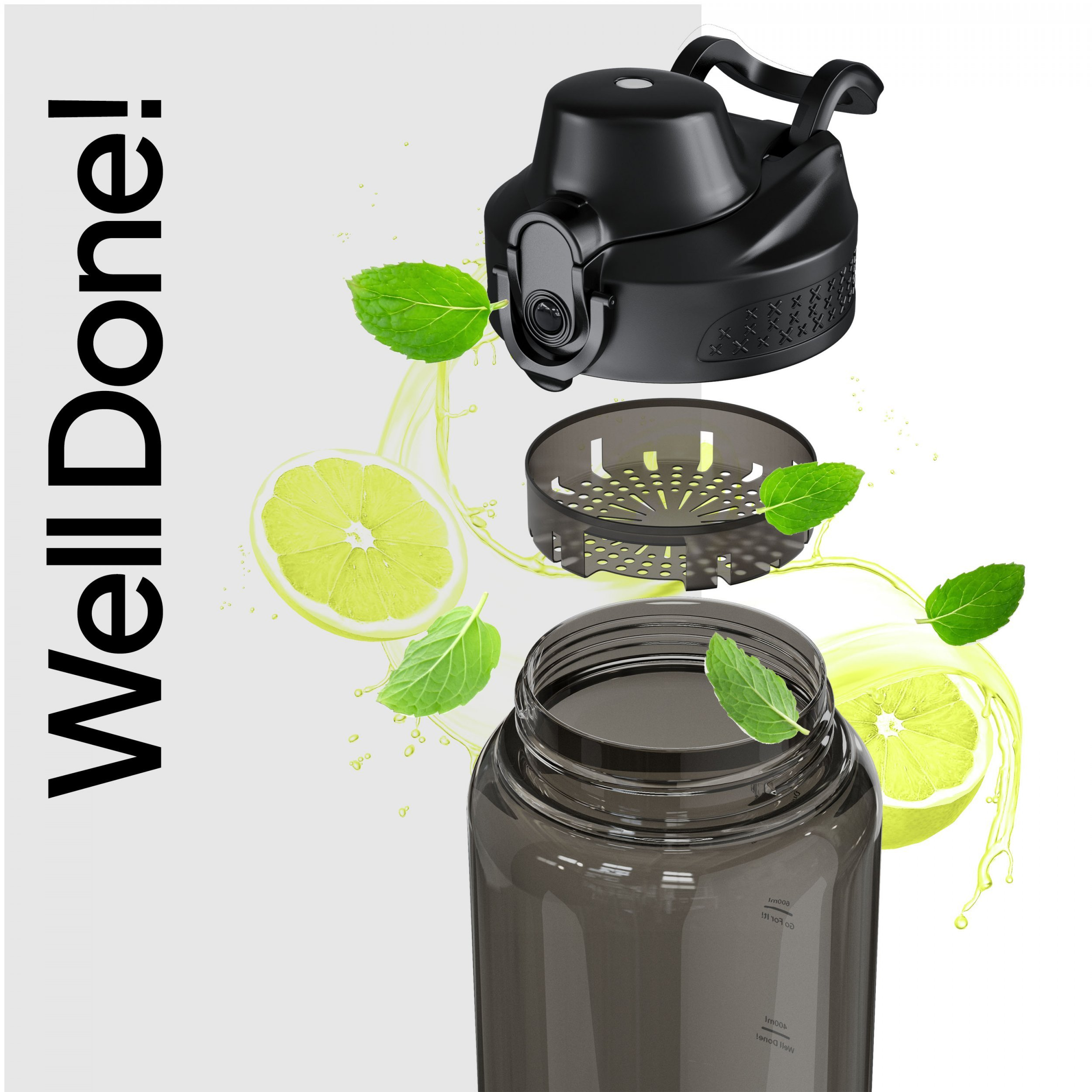 Shakerflasche mit Deckel, Sieb, Zitronenscheiben, Minzblättern und Wasserspritzern. Text 'Well Done!'