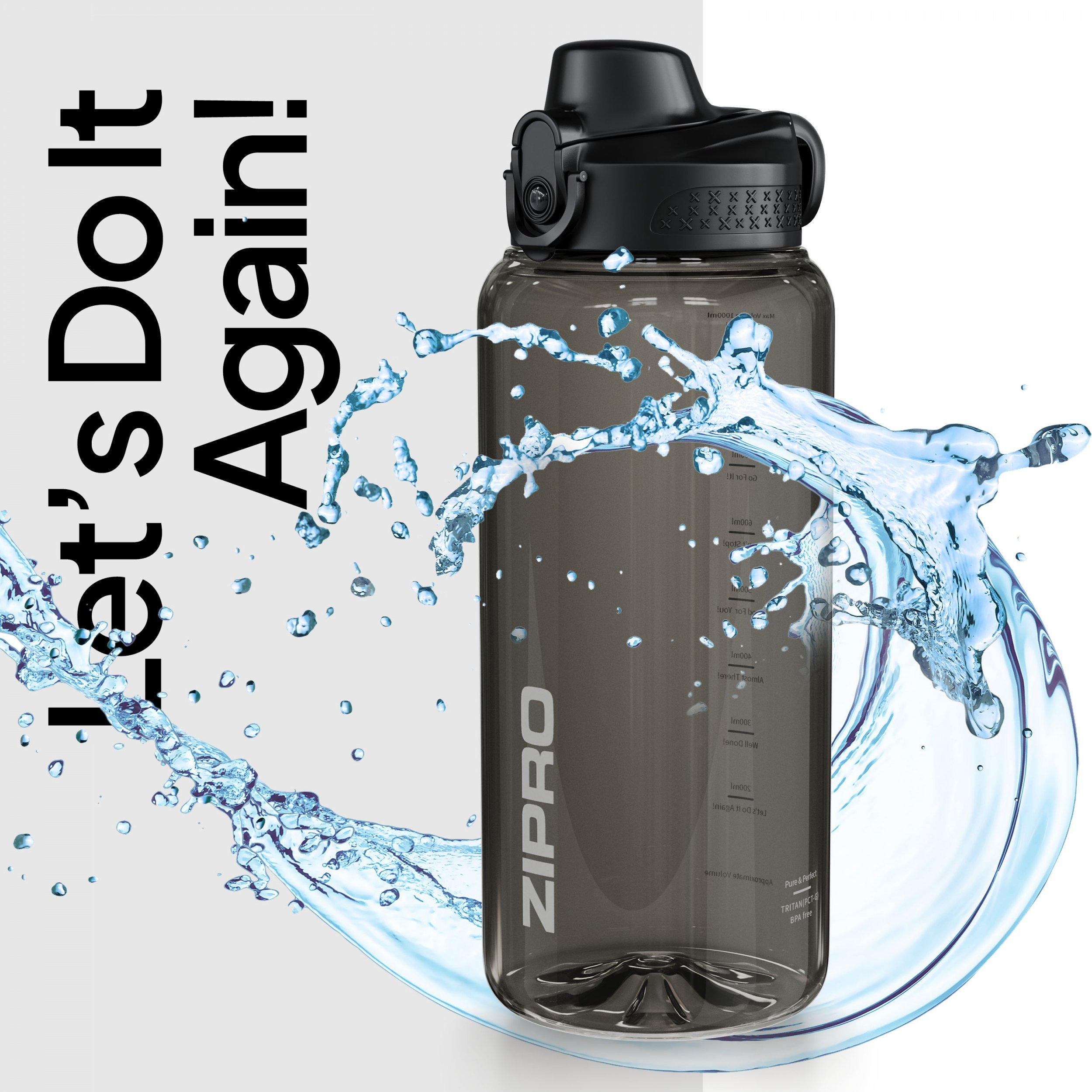 Eine Wasserflasche mit schwarzem Deckel steht im Zentrum. Wasser spritzt darum herum. Der Text lautet: „Let's Do It Again!“