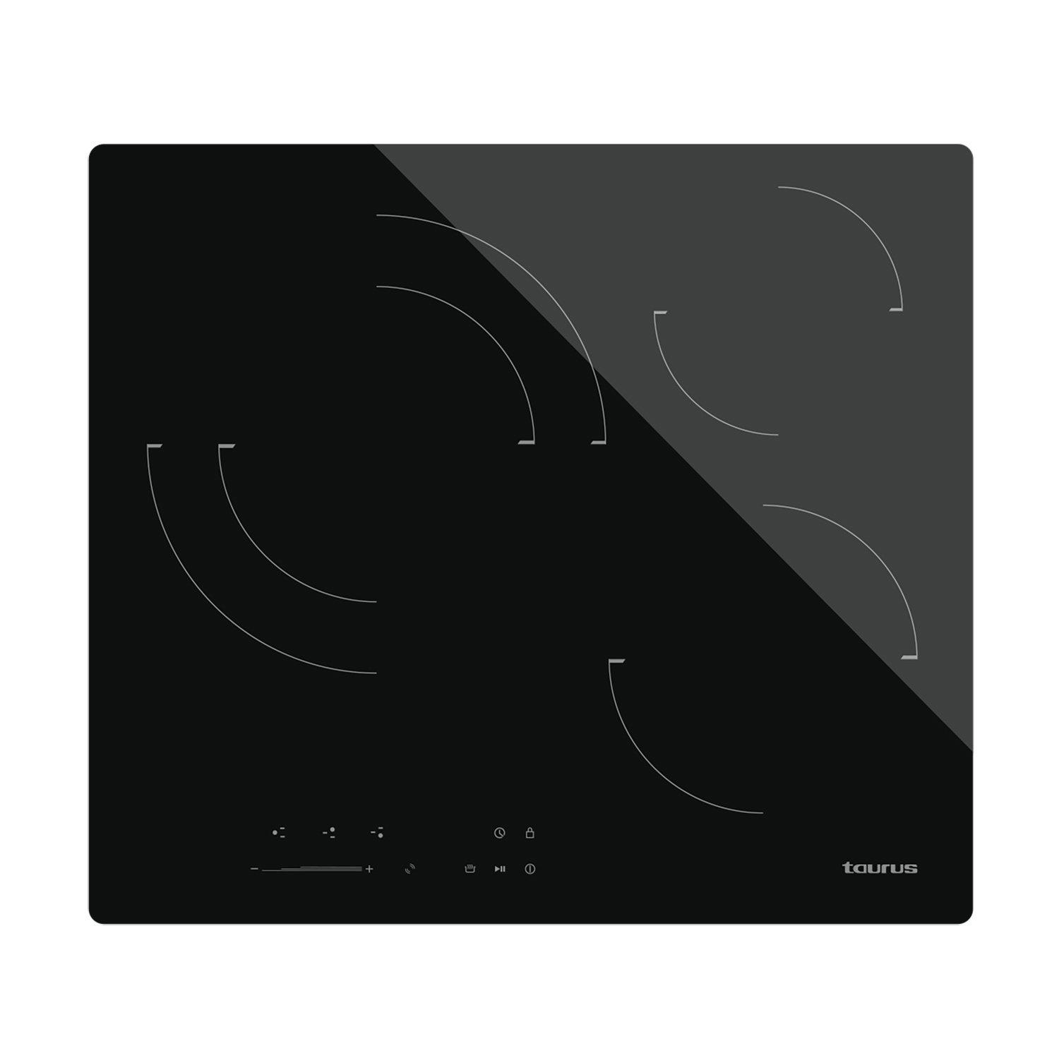 Placa de inducción negra con cuatro fuegos. Controles abajo. Marca Taurus a la derecha.